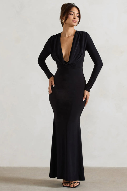 Heavy Heart | Black Cowl-Neck Long-Sleeve Maxi Dress