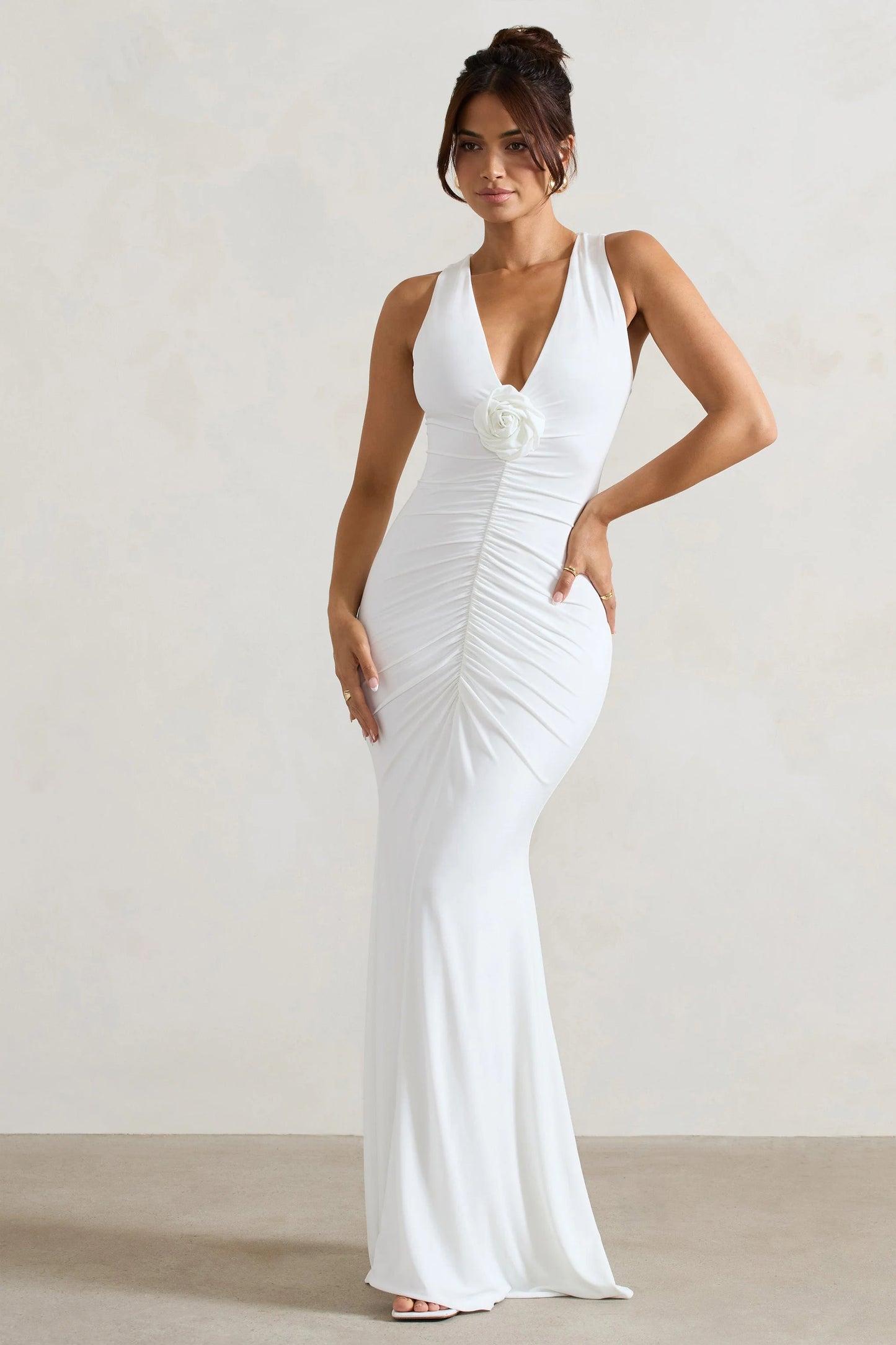 Julianna | White Plunge-Neck Ruched Maxi Dress With Corsage