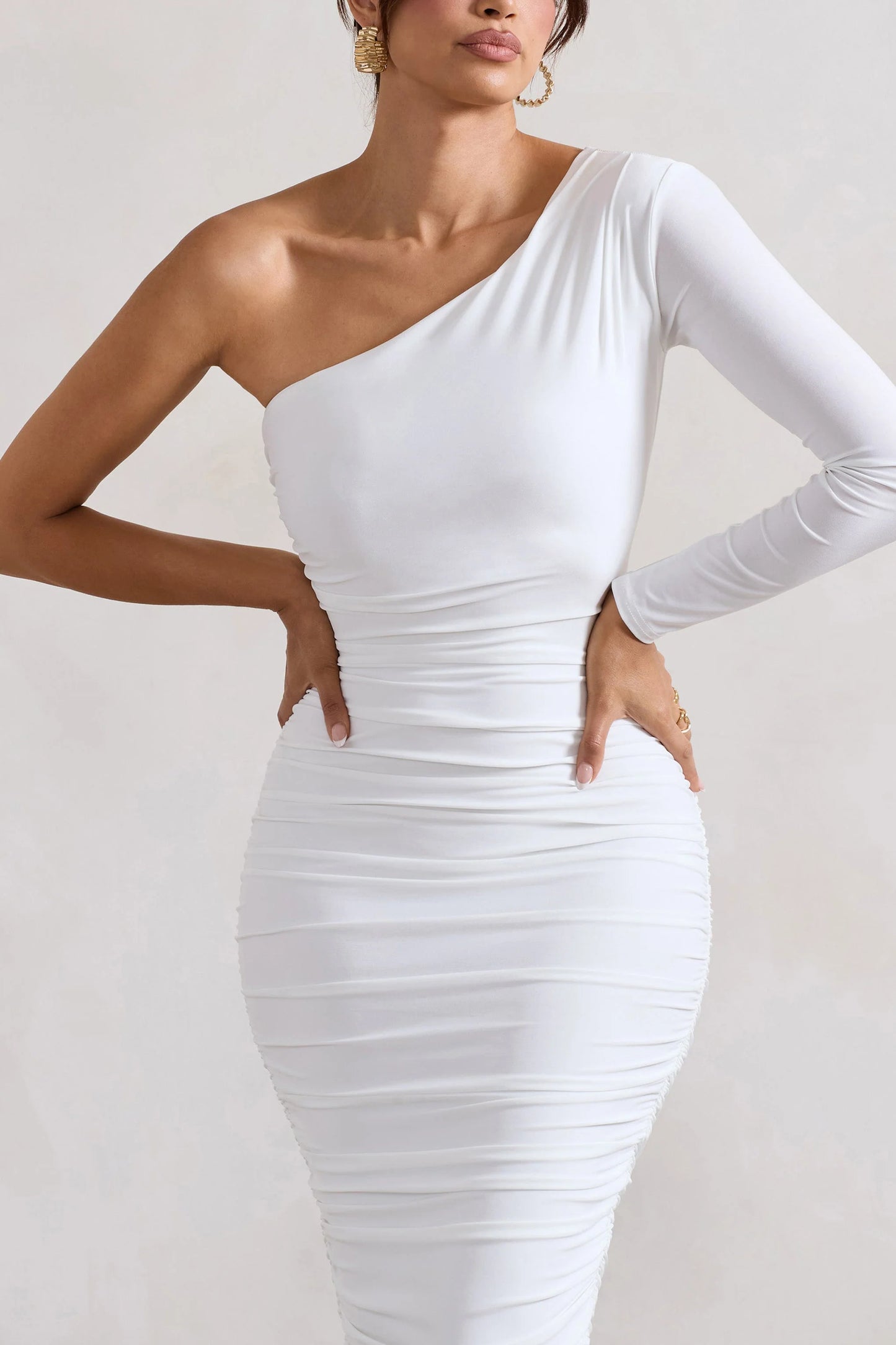 In The Shadows | White One Shoulder Midi Dress With Ruching