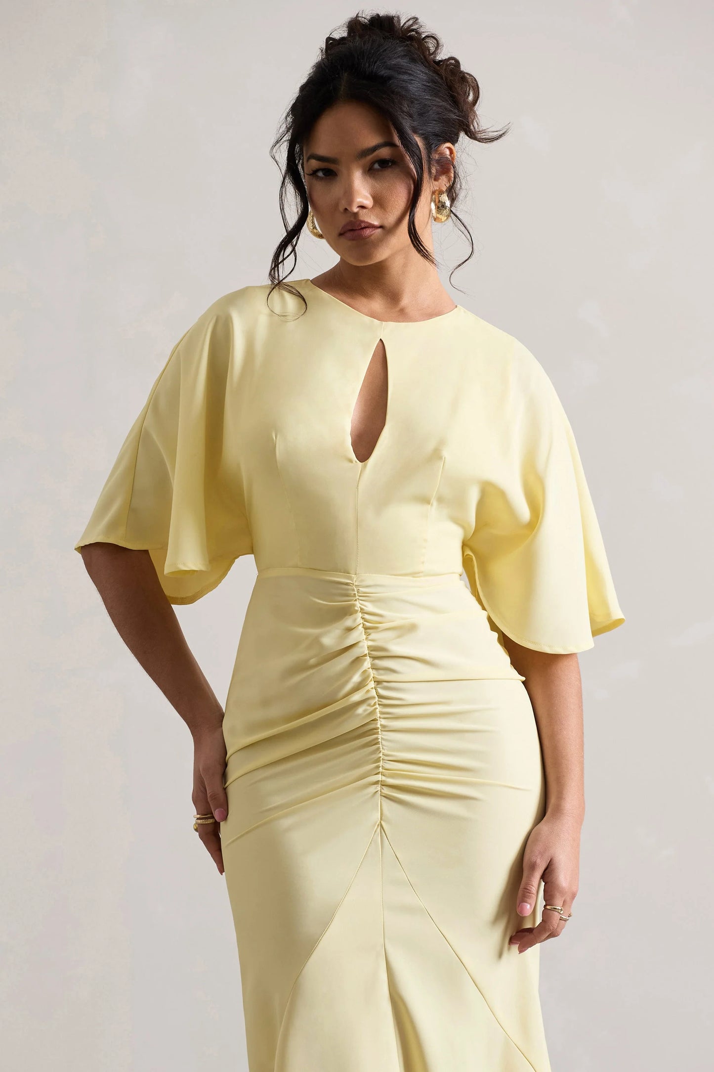 Elidy | Pastel Yellow Ruched Flutter-Sleeve Cut-Out Maxi Dress