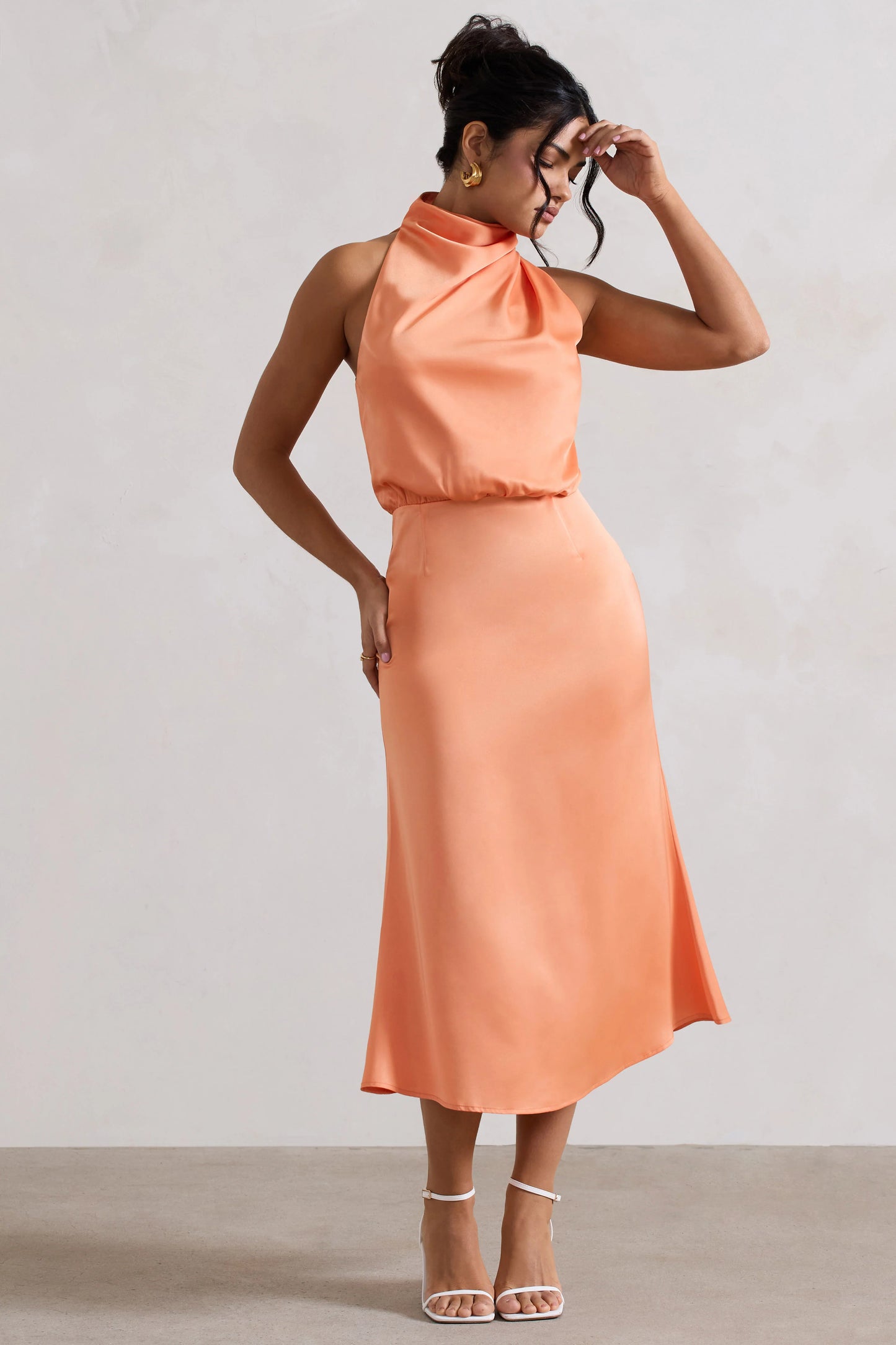 Geena | Peach Satin Twisted High-Neck Midi Dress