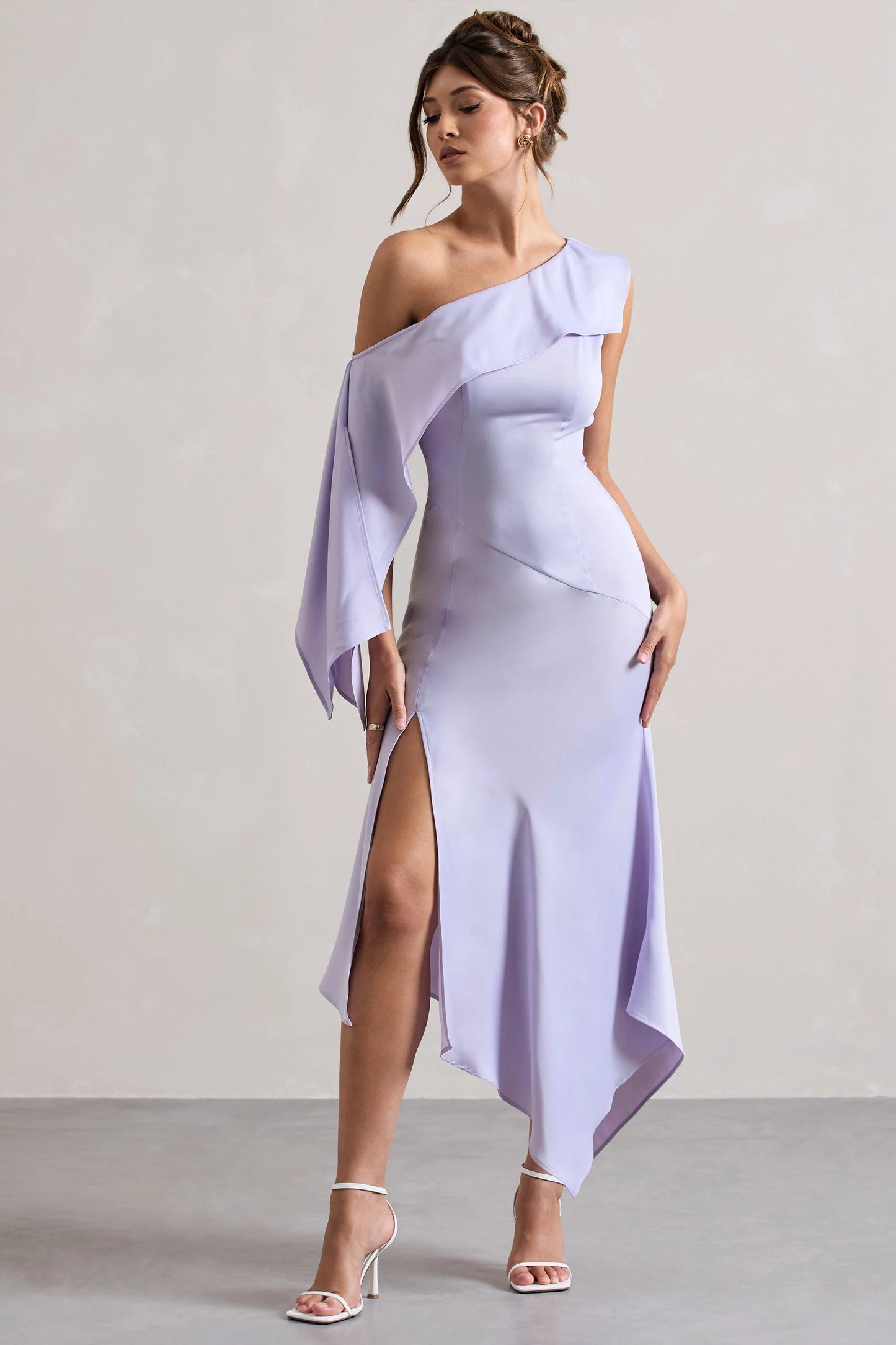 Freesia | Lilac Satin Asymmetric Draped Split Maxi Dress