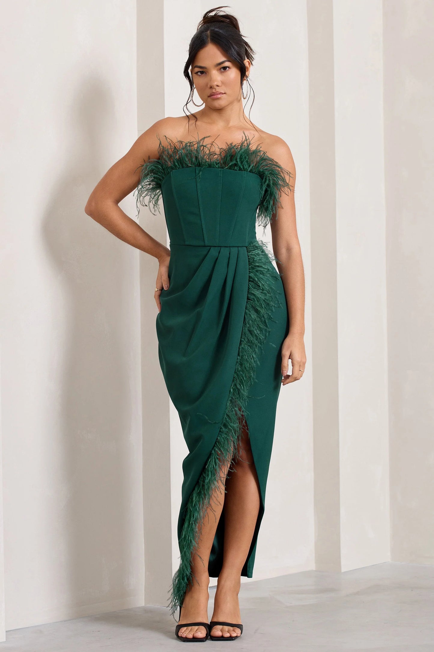 Cosmo | Bottle Green Bandeau Feather Corset Split Maxi Dress