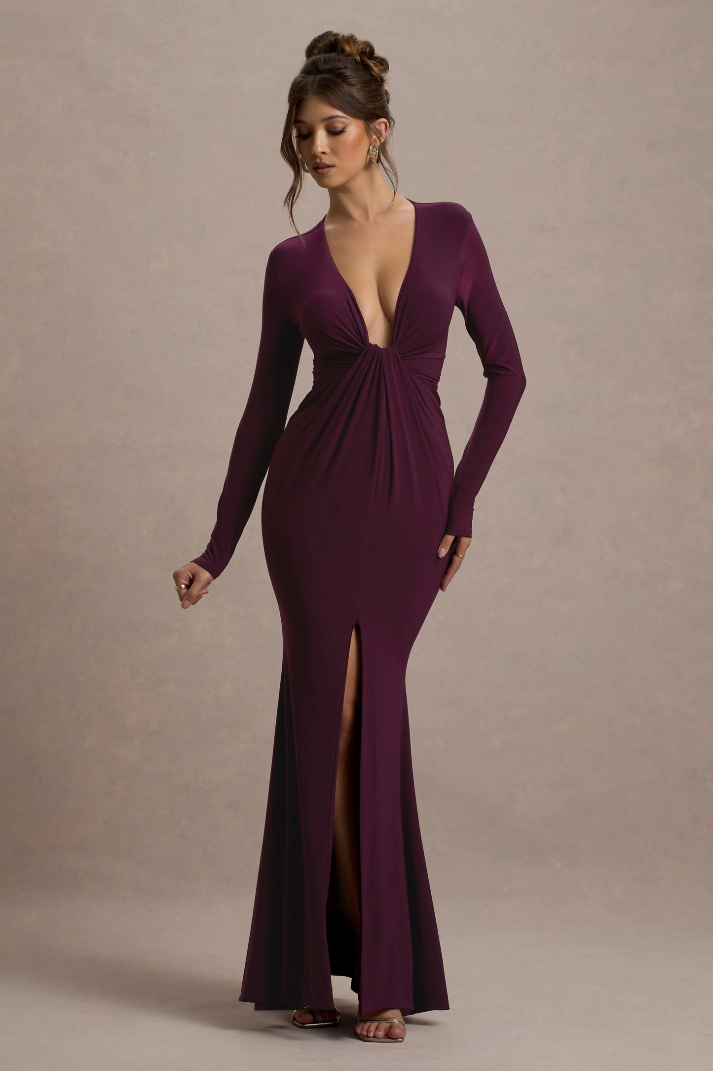 Aluna | Plum Plunge-Neck Twisted Split Maxi Dress