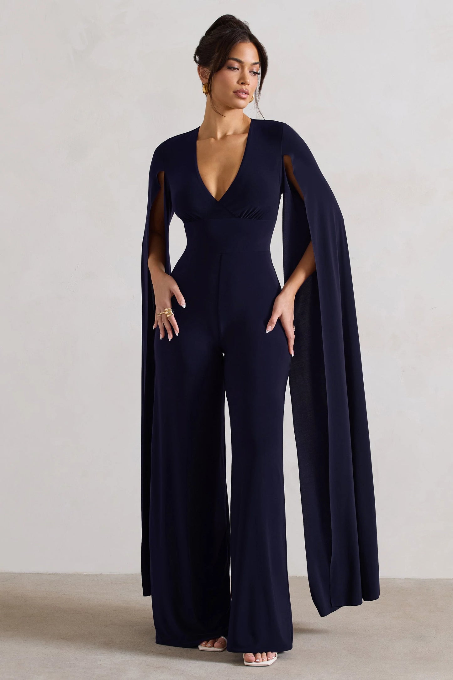 Emmanuela | Navy Plunge-Neck Wide-Leg Jumpsuit With Cape Sleeves