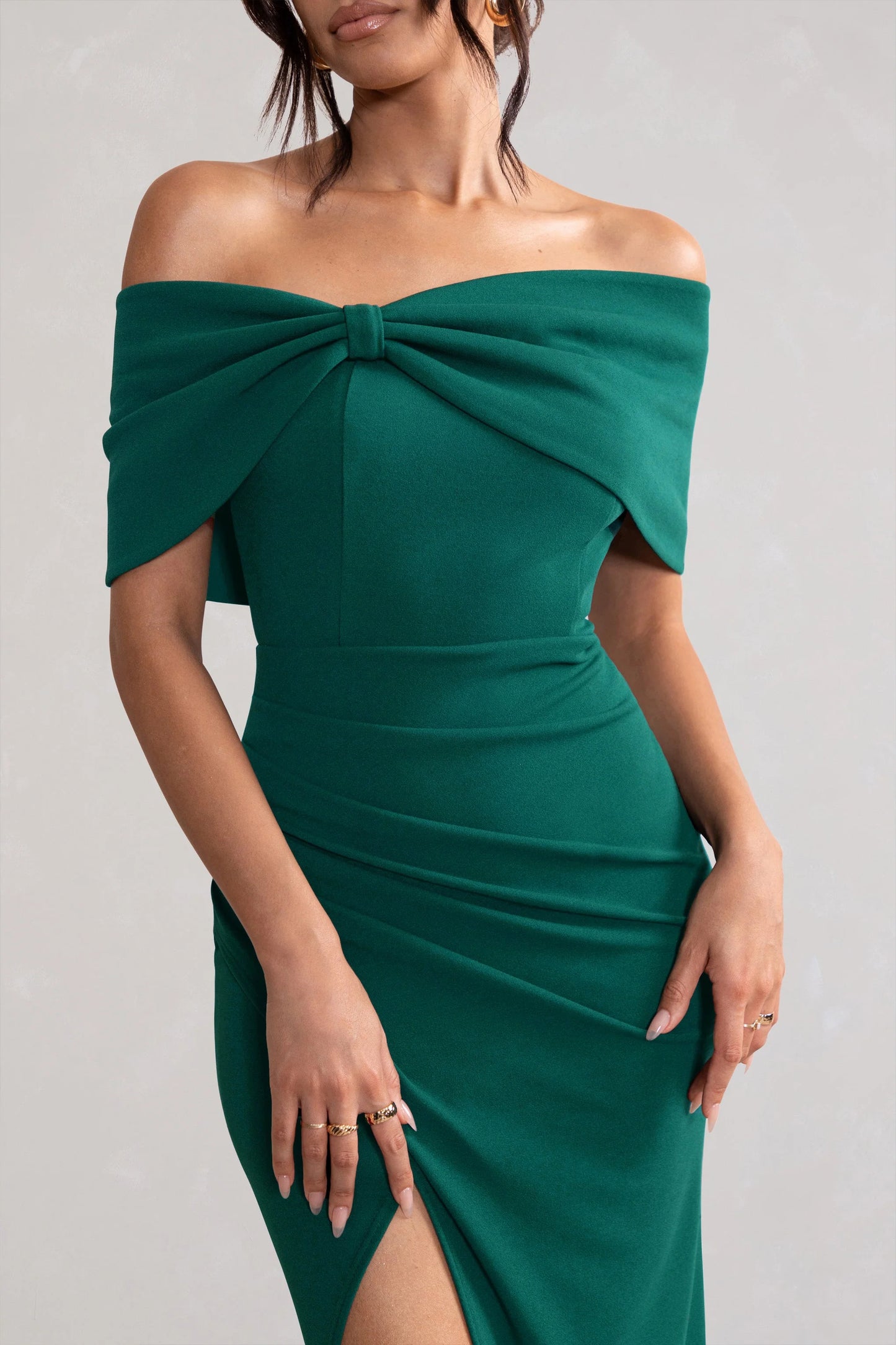 Eva | Green Bardot Bow Detail Maxi Dress With Thigh Split