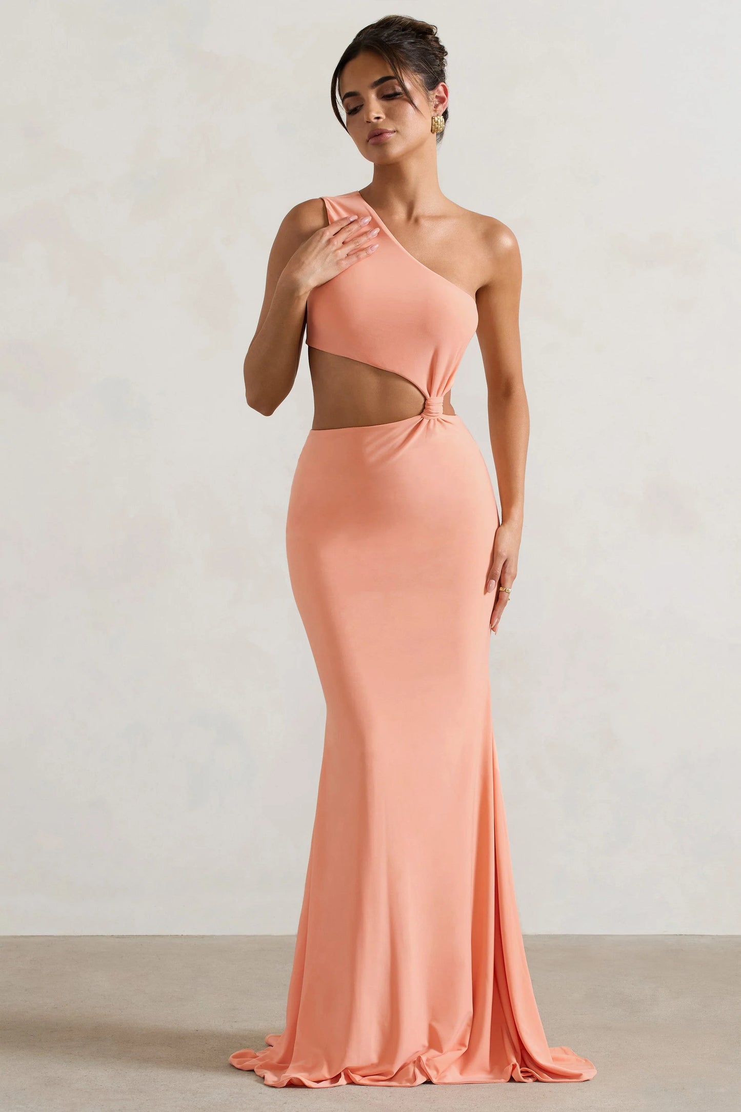 Aspyn | Coral Asymmetric Twisted Cut-Out Fishtail Maxi Dress