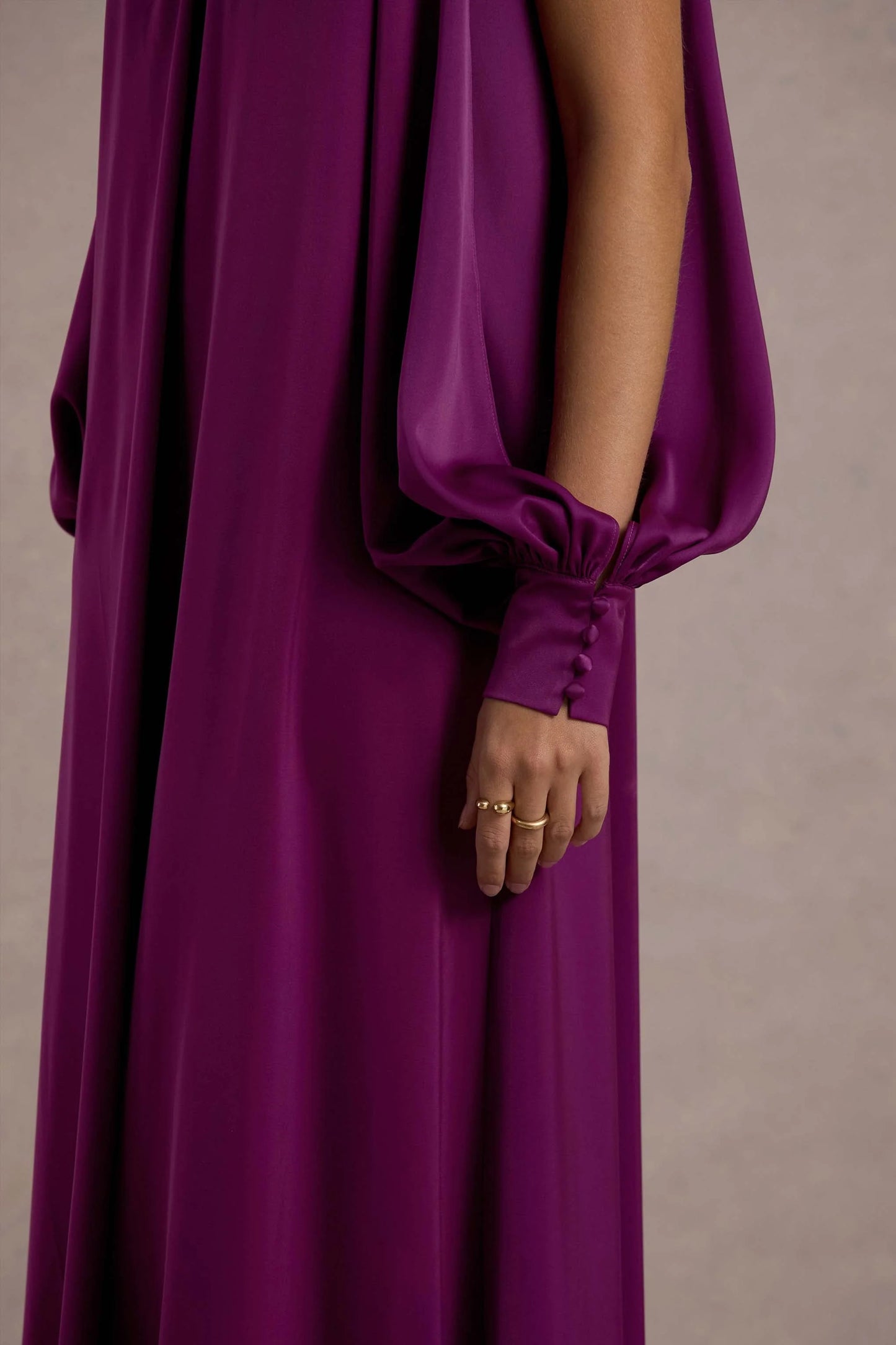 Baila | Mulberry Satin High-Neck Cape-Sleeve Maxi Dress