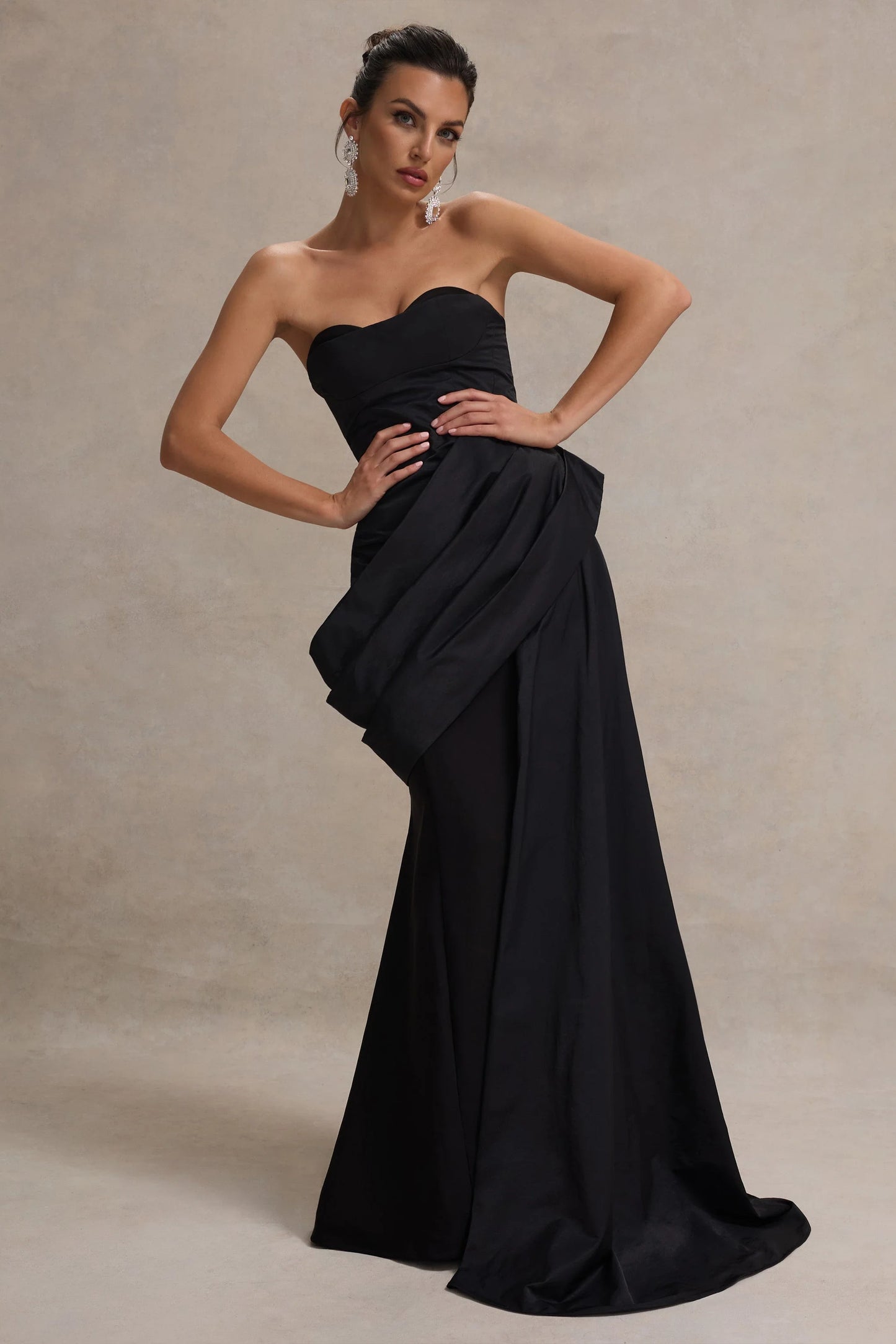 Fallen | Black Strapless Corset Maxi Dress With Drape