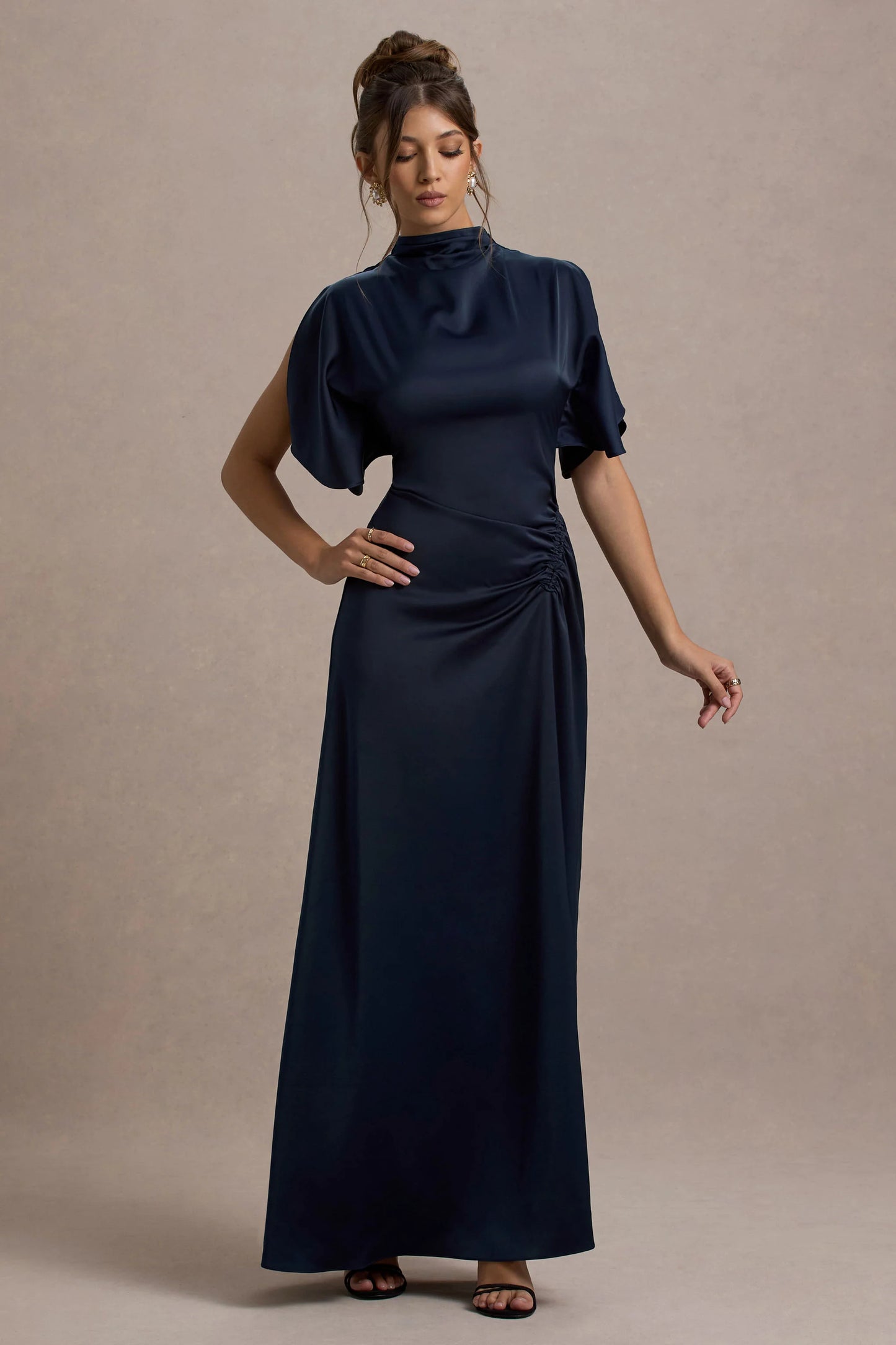 Audley | Navy Satin High-Neck Flutter-Sleeve Maxi Dress