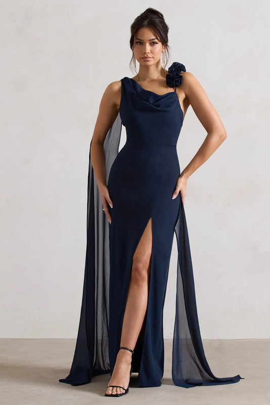 Angeline | Navy Chiffon Draped Split Maxi Dress With Corsages