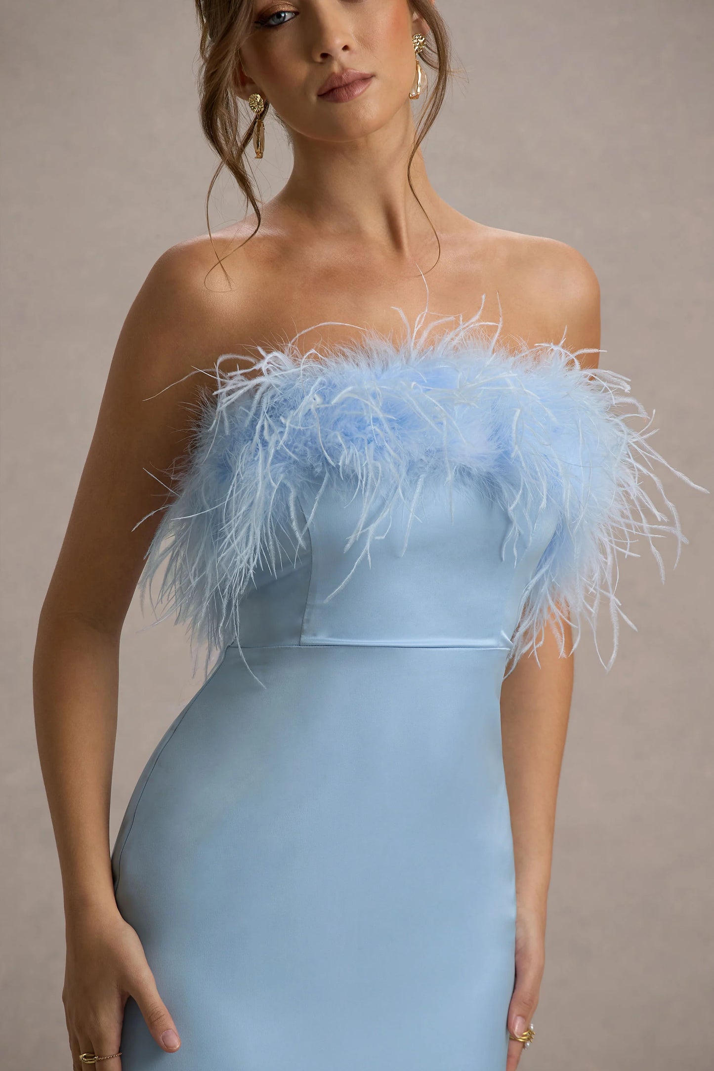 Dress For It | Powder Blue Satin Feather Trim Bandeau Maxi Dress