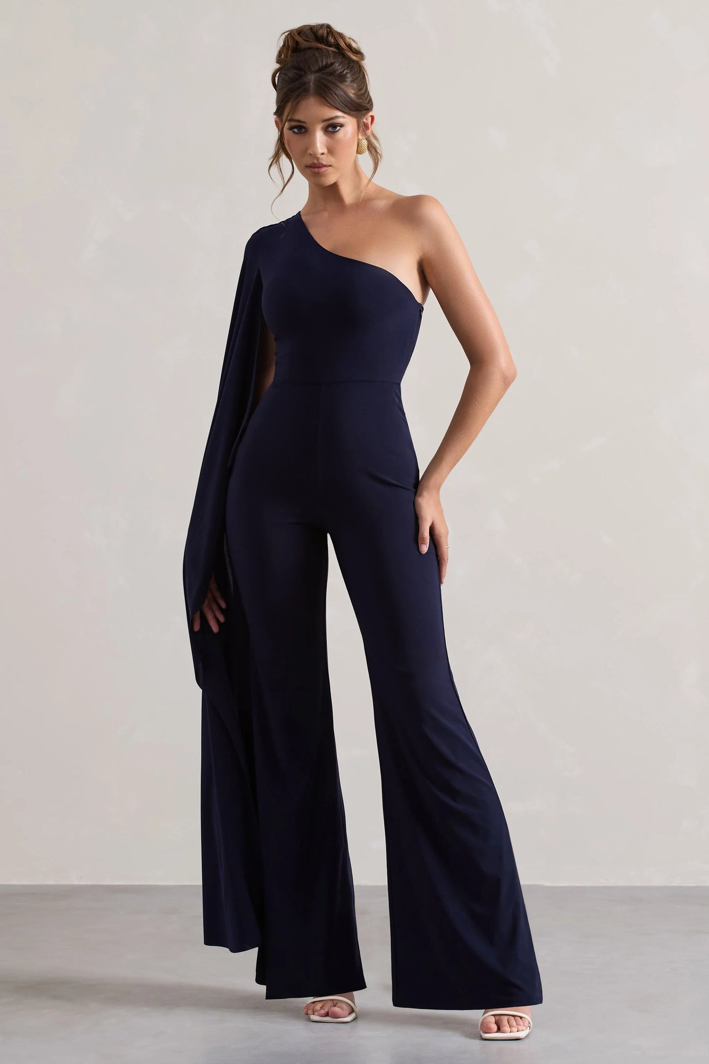 Julie | Navy Asymmetric Flared-Leg Jumpsuit With Cape Sleeve