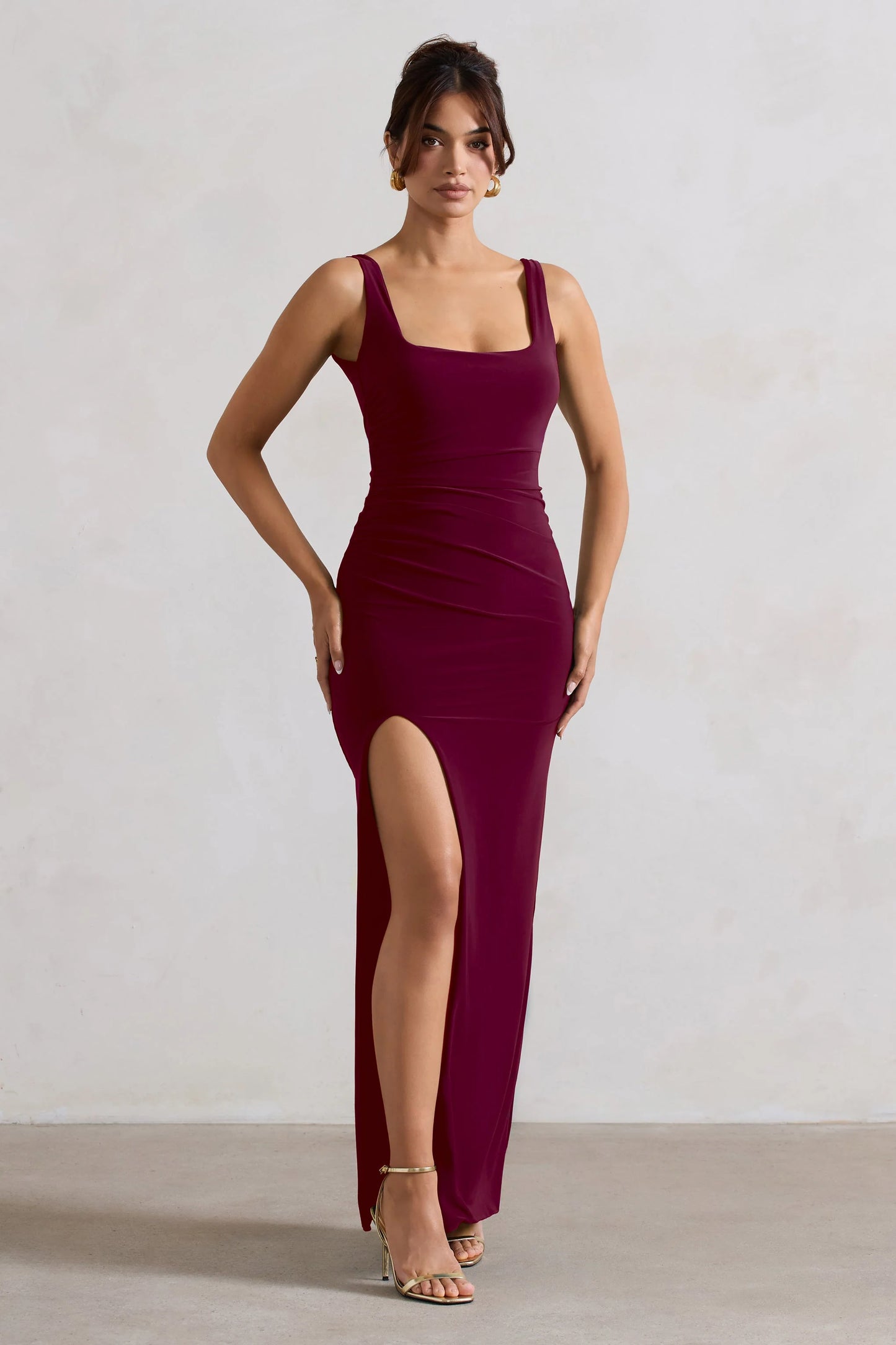 Kate | Berry Square Neck Maxi Dress with Plunge Back and Side Thigh Split