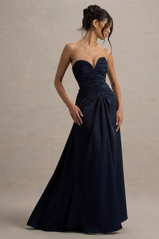 Desirie | Navy Satin Sweetheart Gathered Maxi Dress