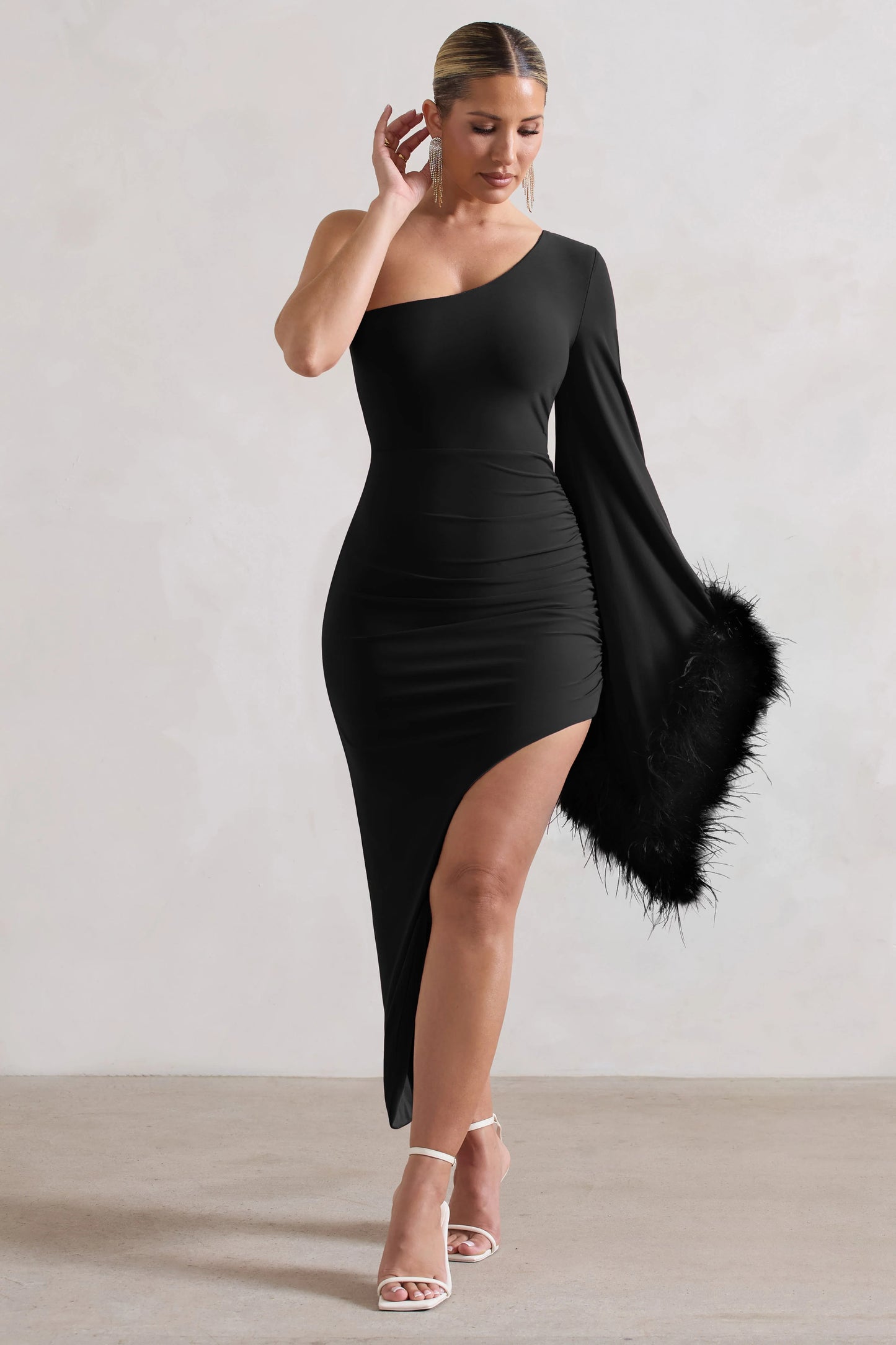 July | Black Asymmetric One Shoulder Cape Midi Dress With Feathers