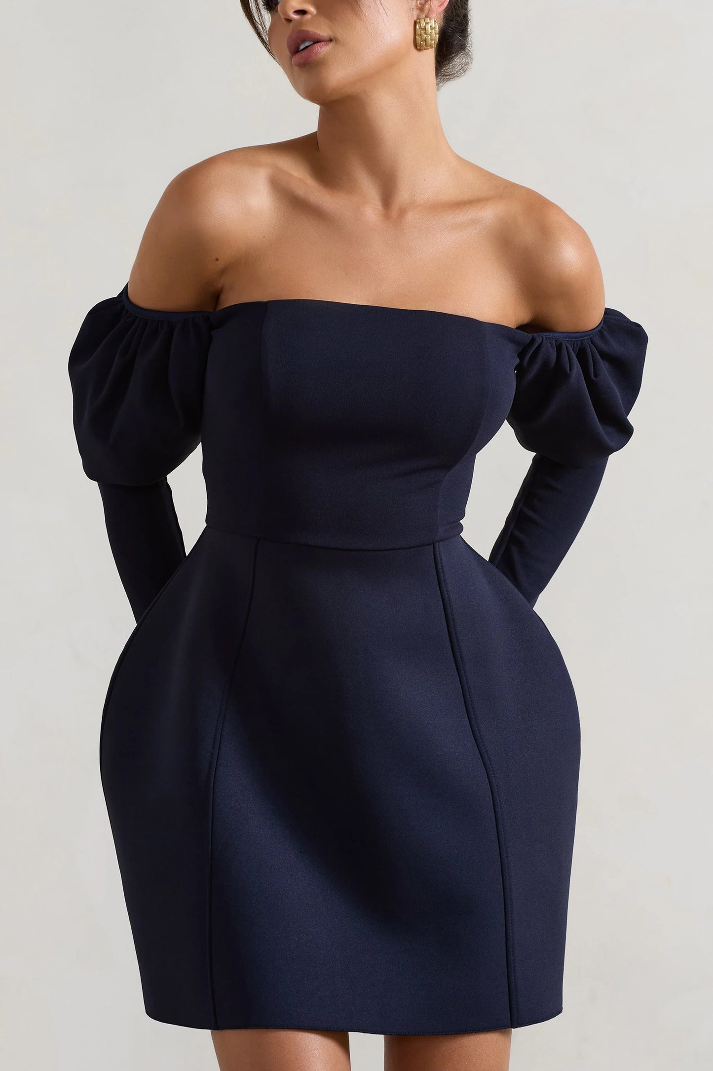 Evangeline | Navy Structured Bardot Puff-Sleeve Mini Dress