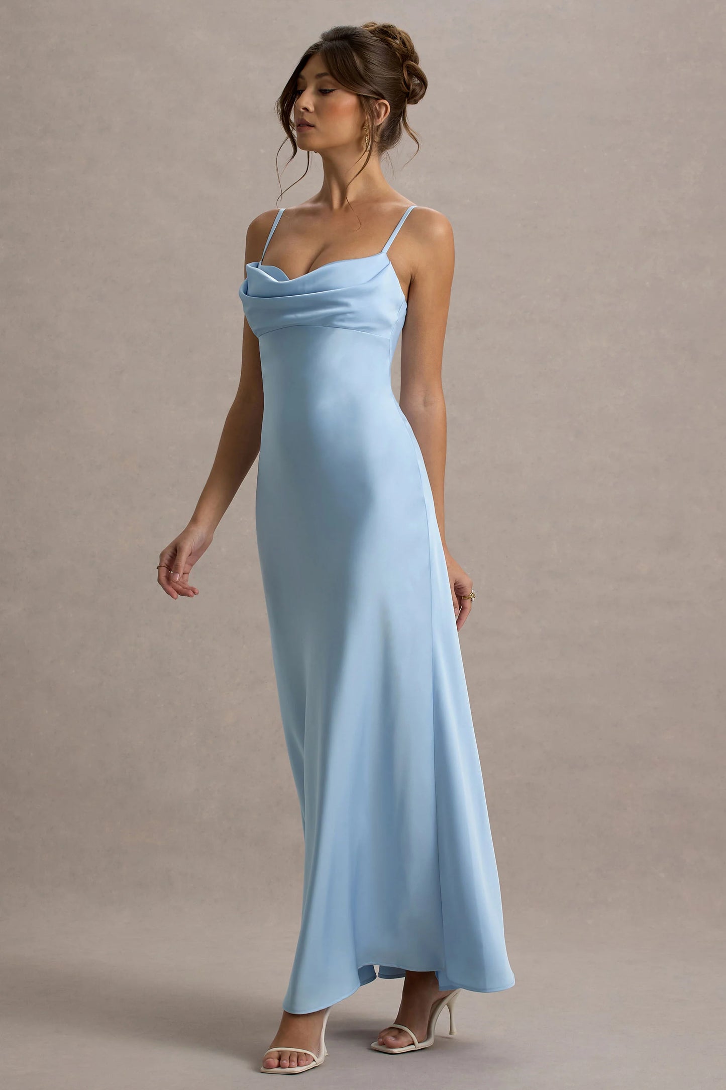 Eimear | Powder Blue Satin Draped Sweetheart Maxi Dress