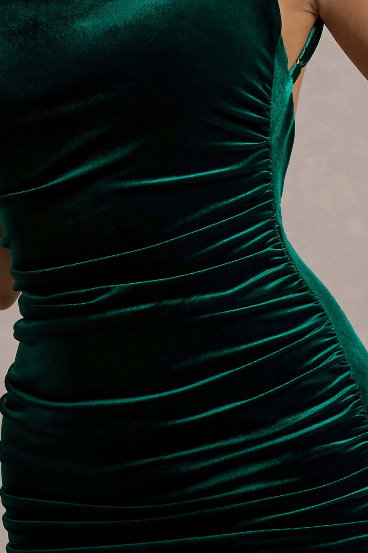 Adele | Bottle Green Velvet Ruched Strappy Fishtail Maxi Dress