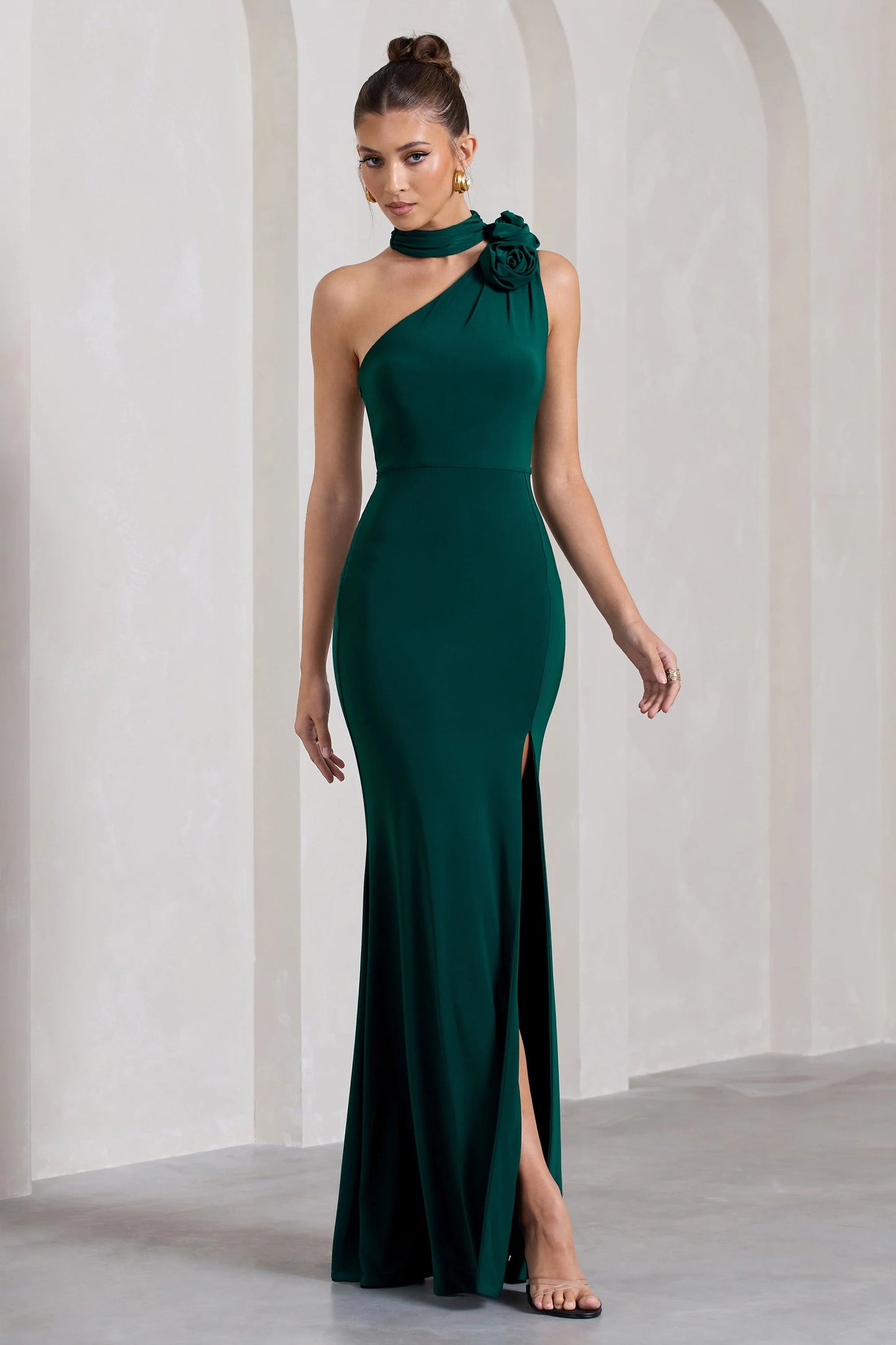 In Suspense | Bottle Green One Shoulder Halter-Neck Split Maxi Dress With Flower