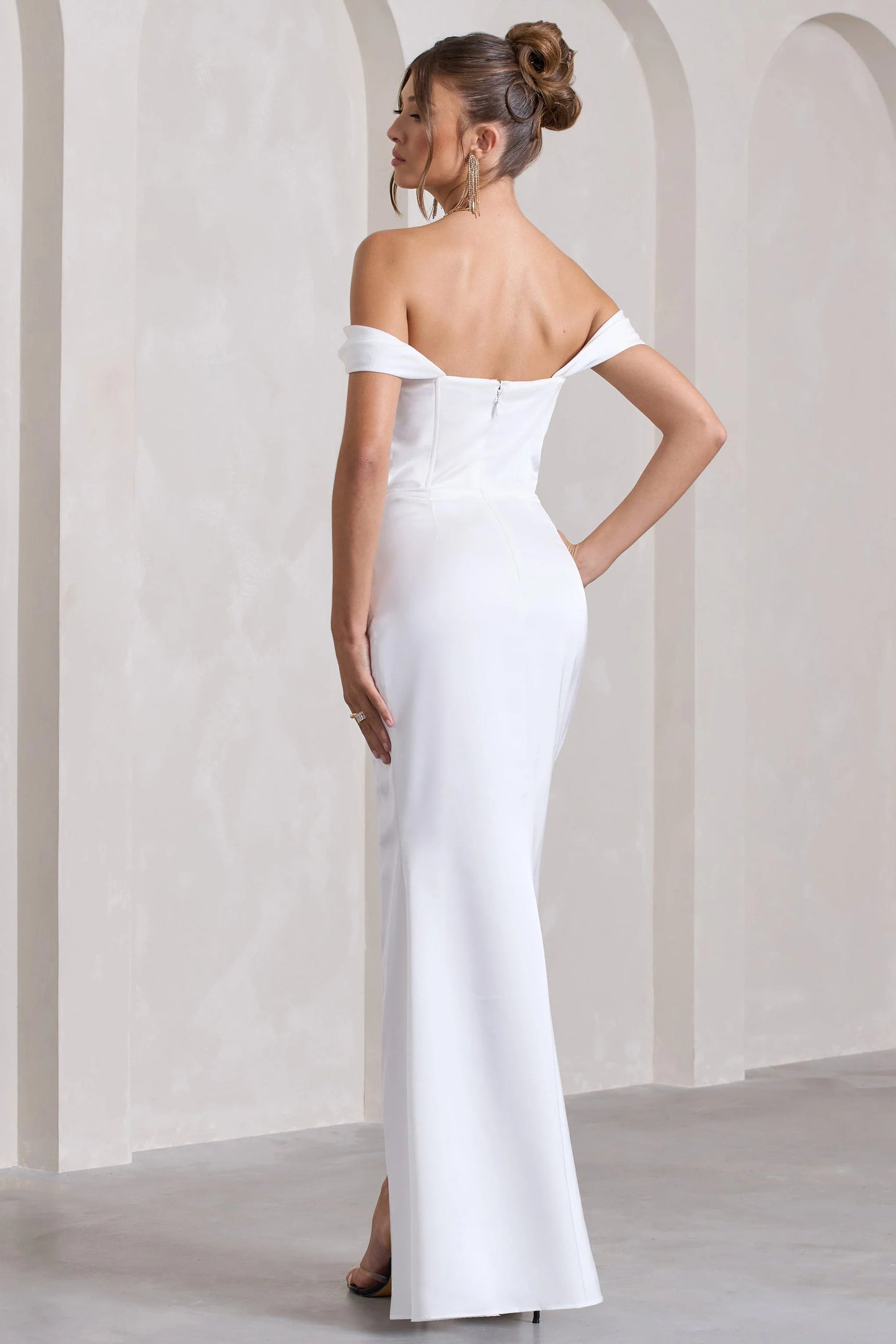 Kimberly | White Bardot  Satin Maxi Dress