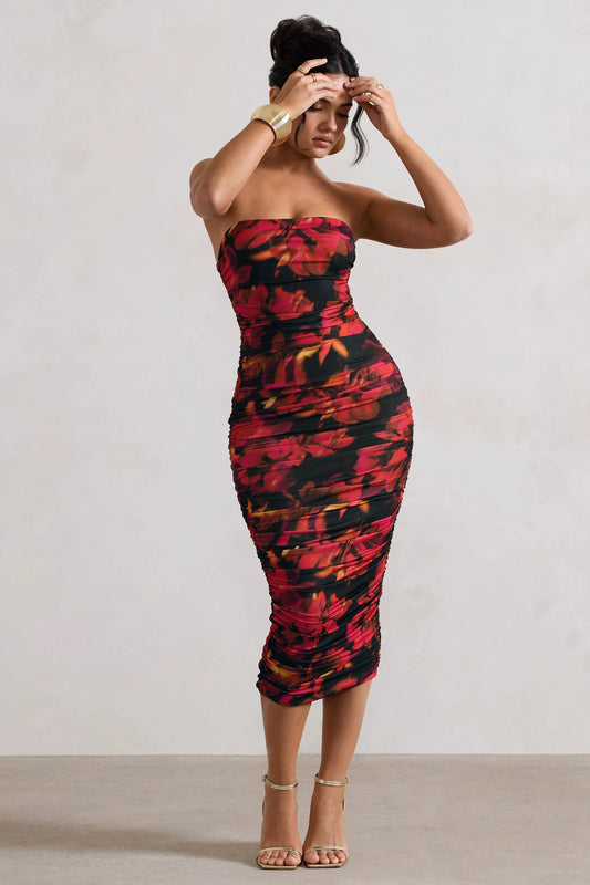 Inara | Red Floral Print Strapless Ruched Midi Dress