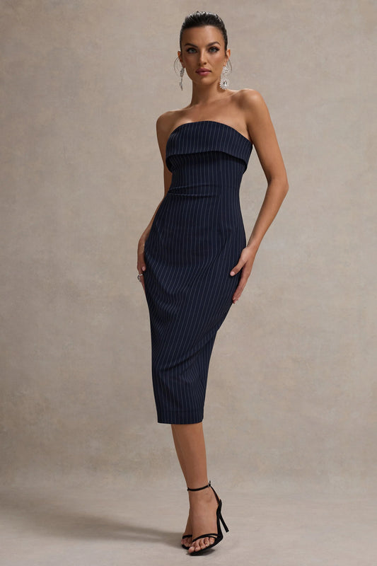 Highway | Navy Pinstripe Strapless Midi Dress