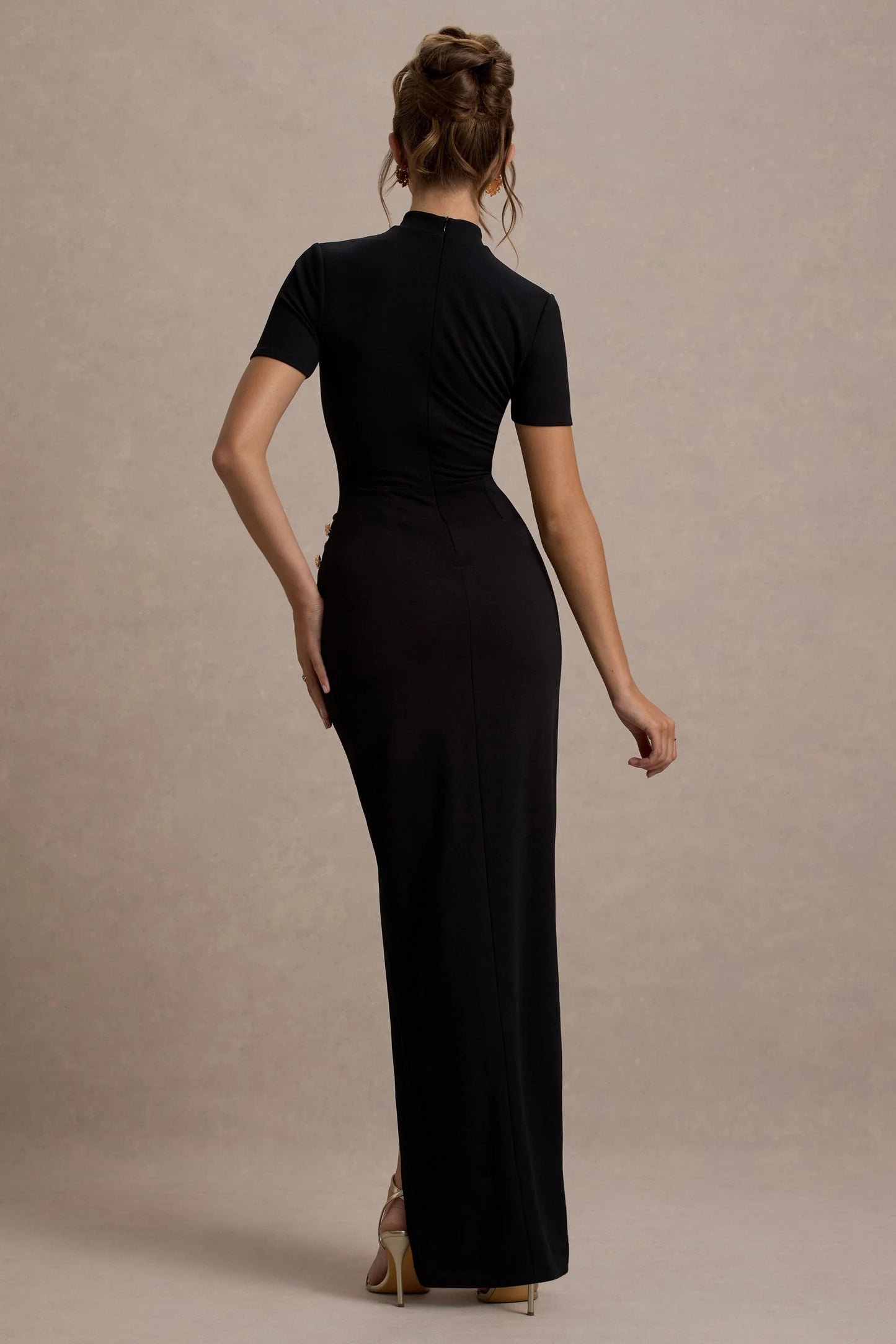 Claudetta | Black High-Neck Short-Sleeve Split Maxi Dress