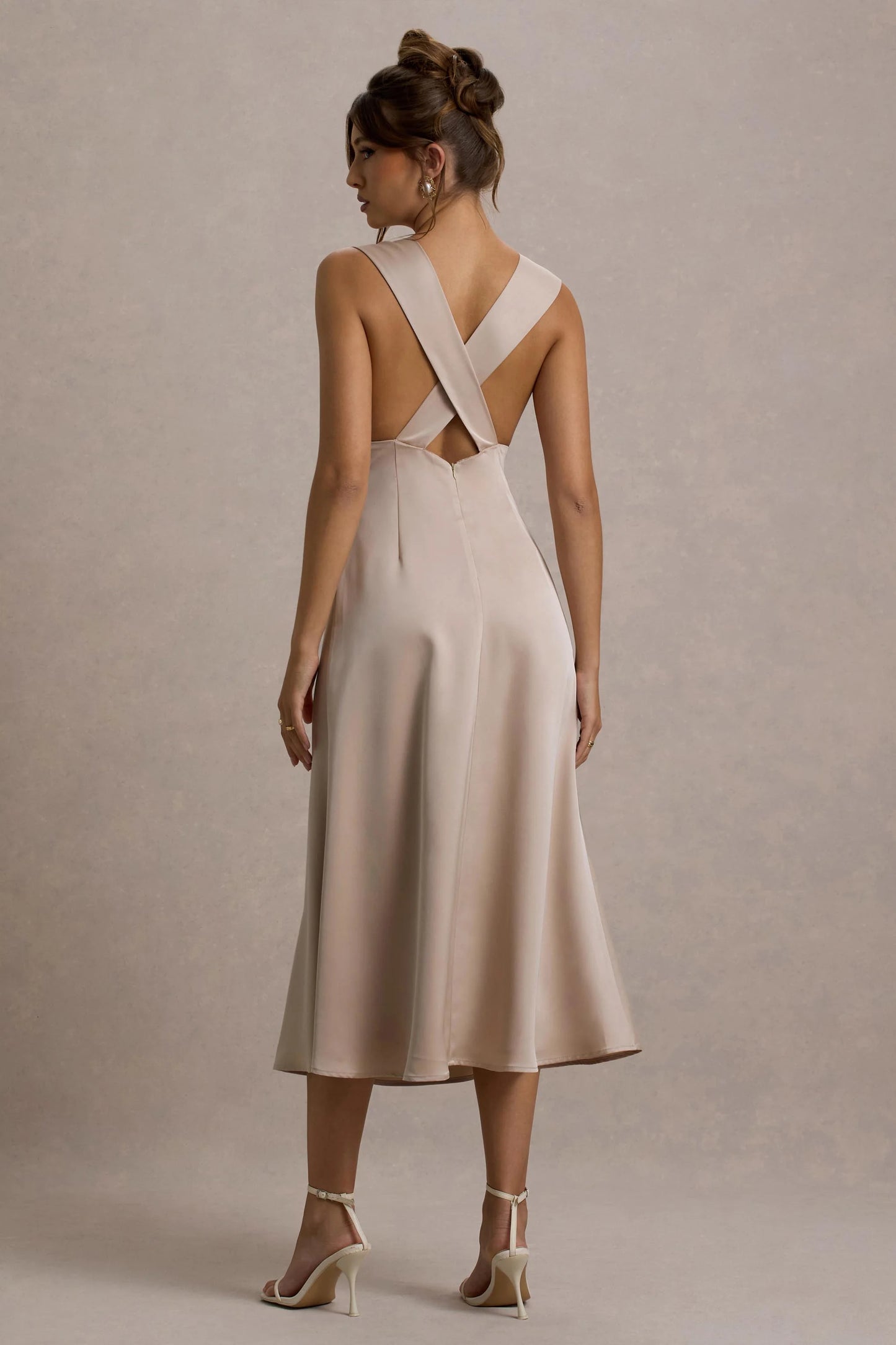 Beck | Champagne Satin Plunge-Neck Cross-Back Midi Dress