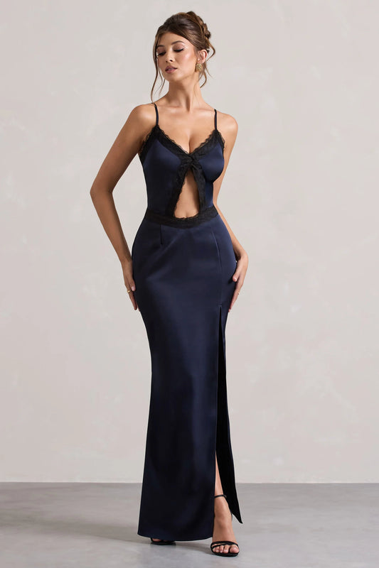 Brescia | Navy Satin Cut-Out Maxi Dress With Lace Trim