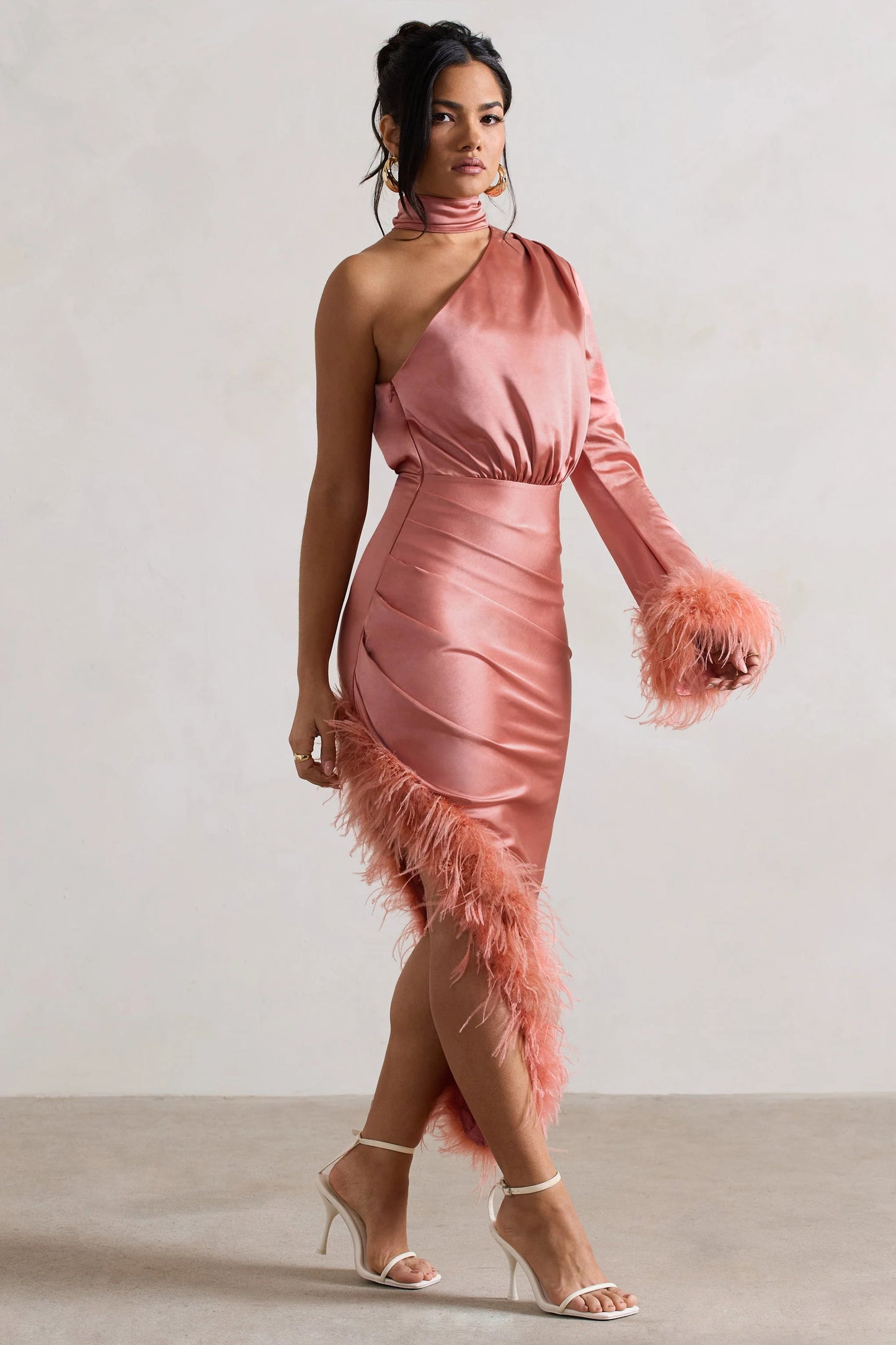 Dolce | Coral Satin Asymmetric One Sleeve Maxi Dress With Feather Trims