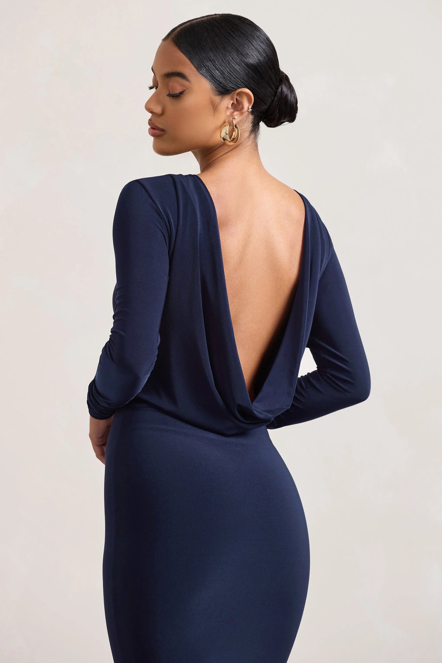 Dynasty Darling | Navy Cowl-Back Long-Sleeved Bodycon Midi Dress