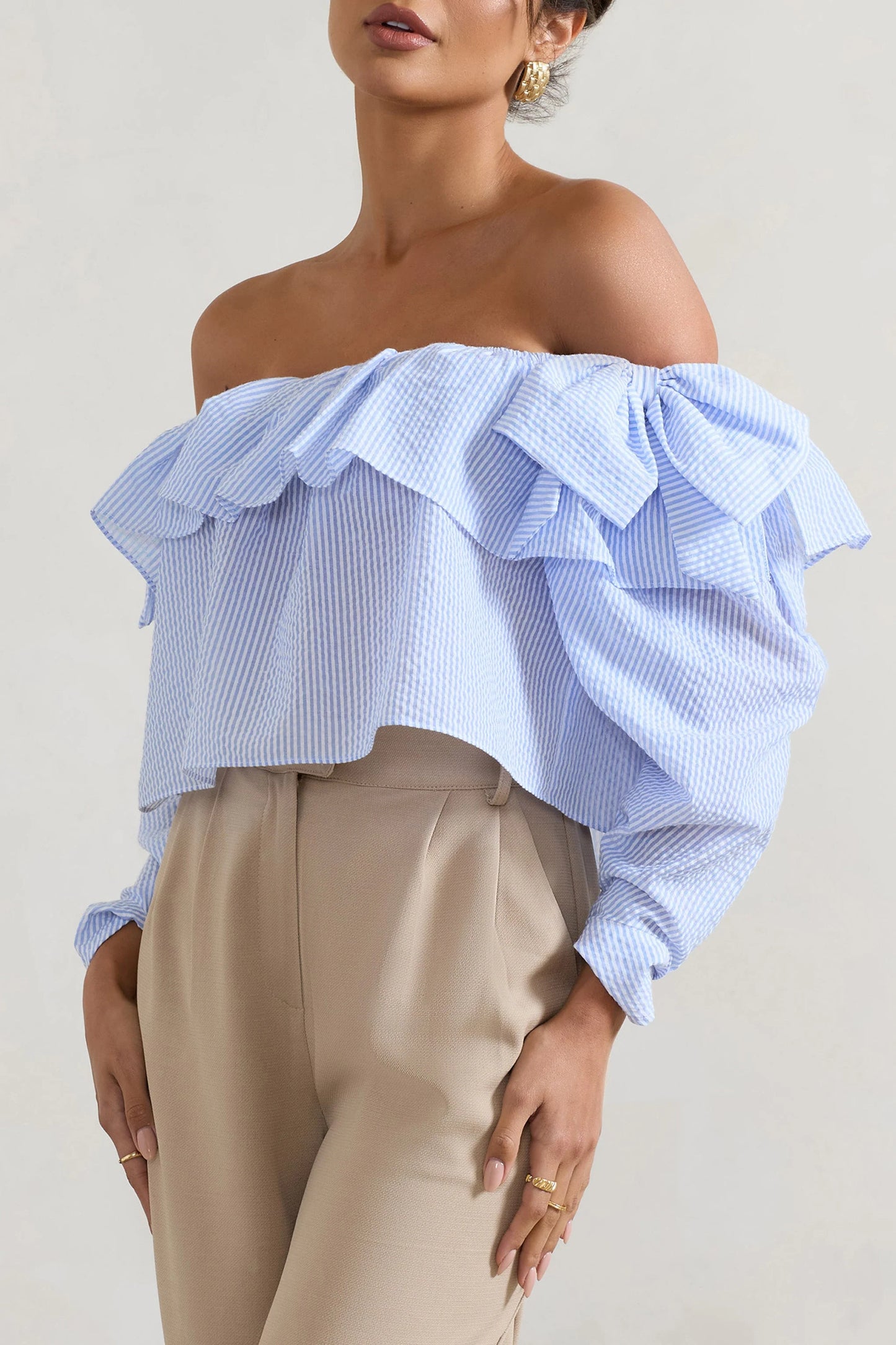 Harbour | Blue Pinstripe Bardot Puff-Sleeve Top With Bows