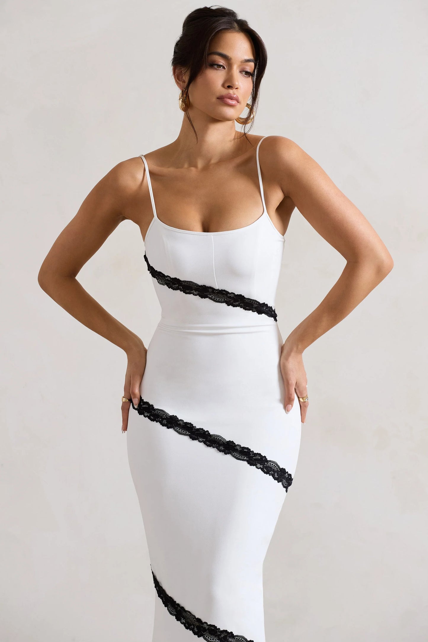 Elizabeth | White & Black Strappy Lace-Trimmed Maxi Dress