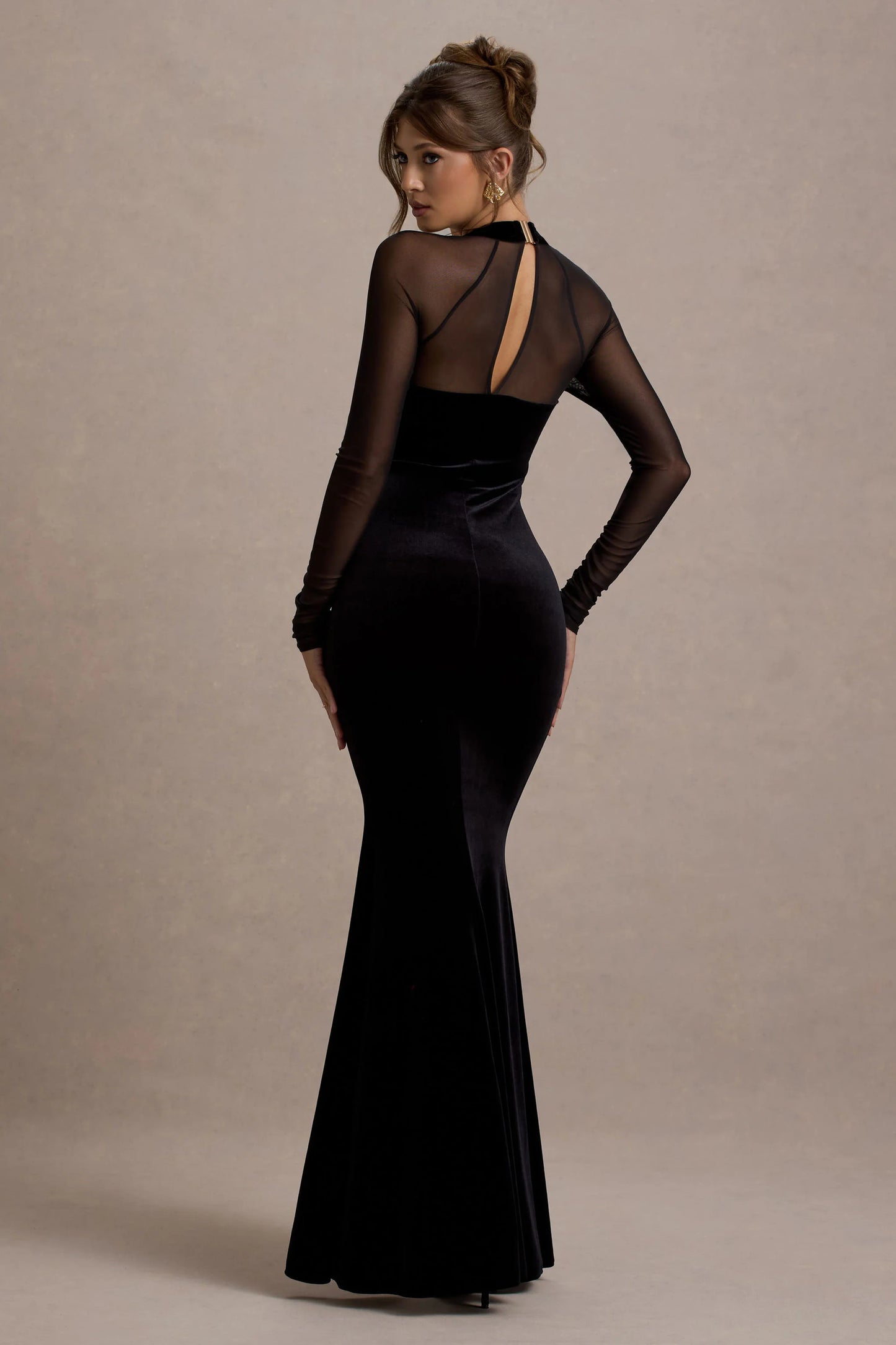 Apres | Black Velvet Bodycon Split Maxi Dress With Sheer Sleeves