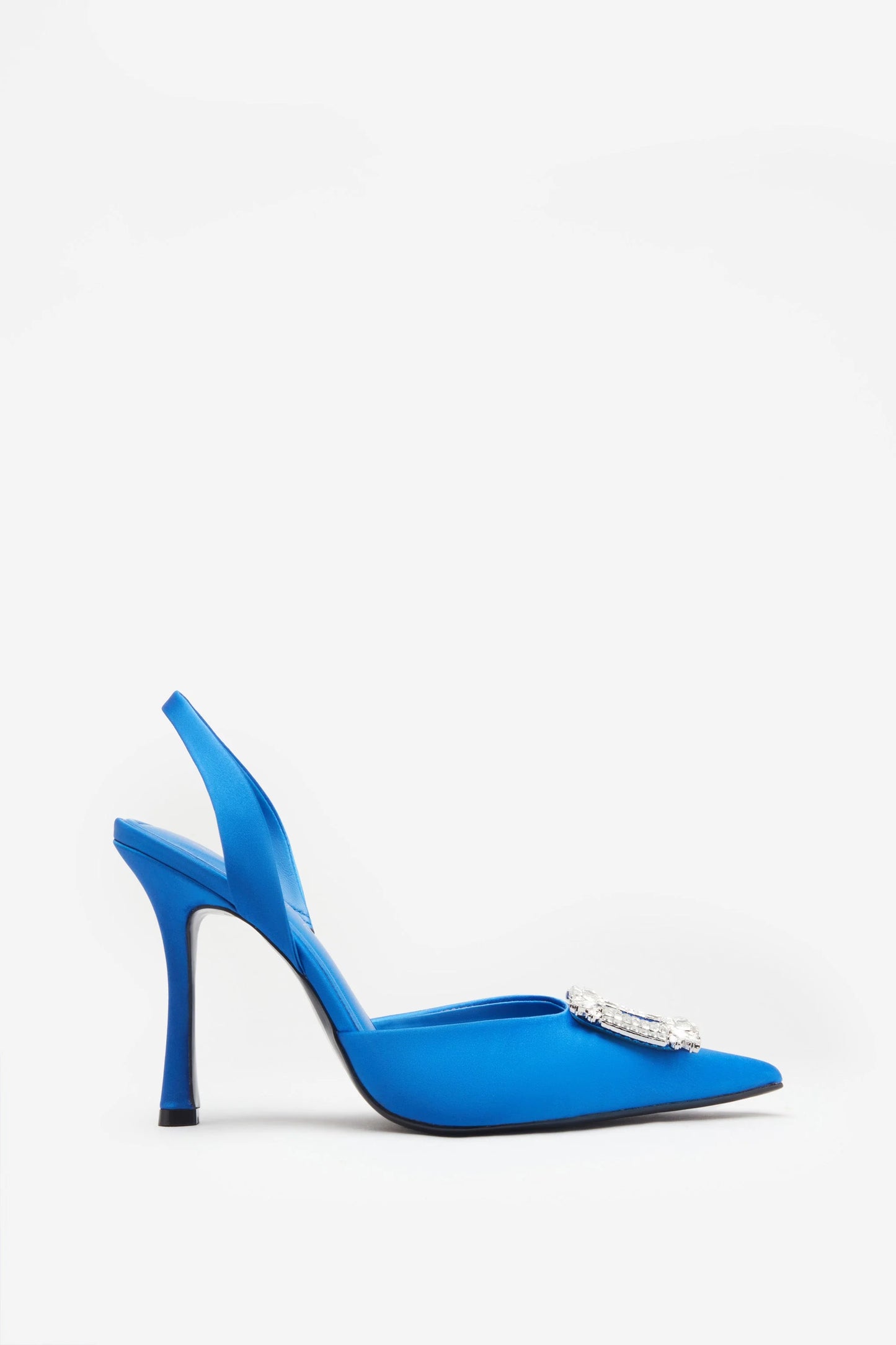 Just A Fling | Blue Satin Sling Back Heels With Diamante Brooches