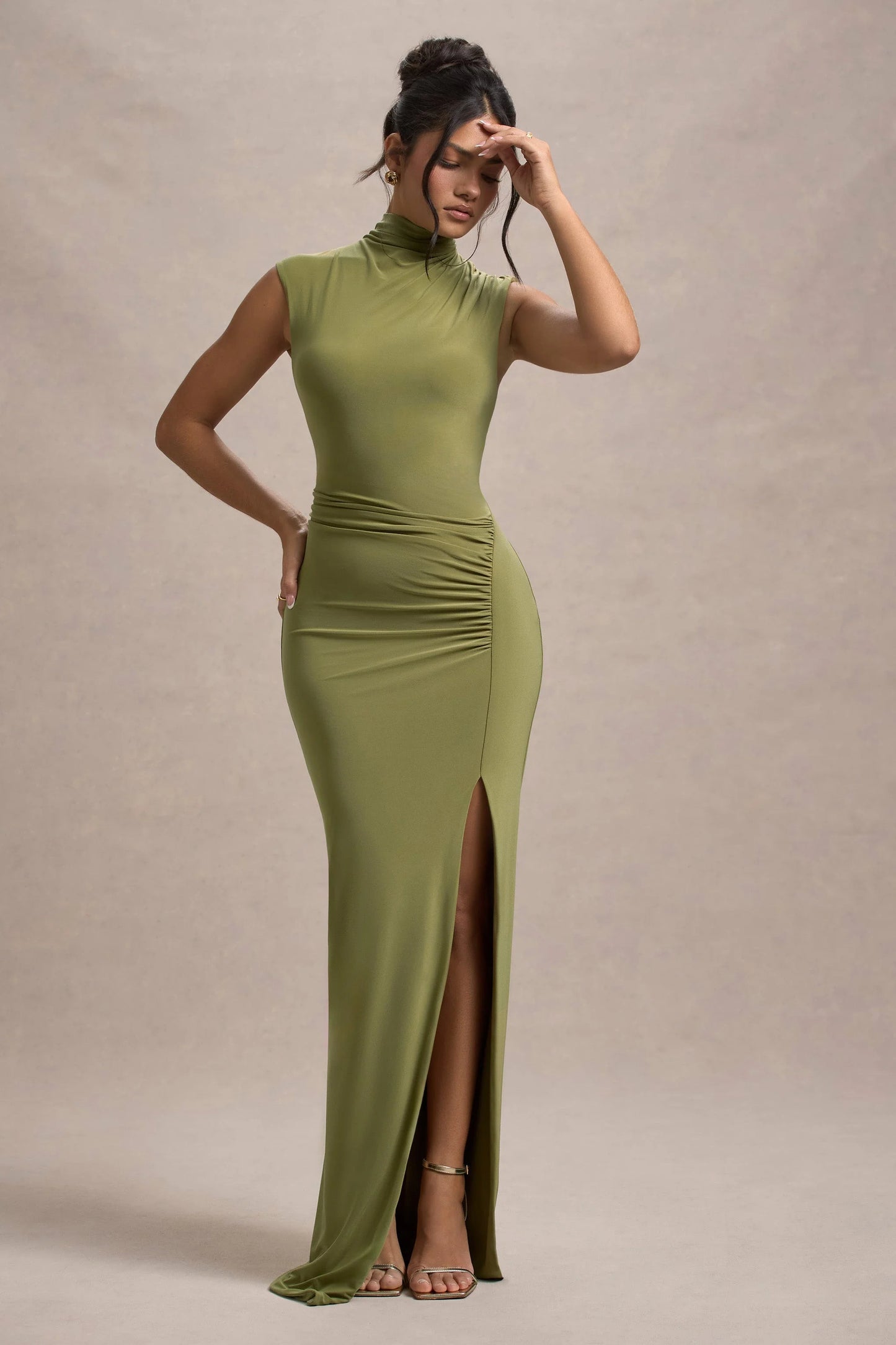 Lanetta | Olive Ruched High-Neck Maxi Dress With Split