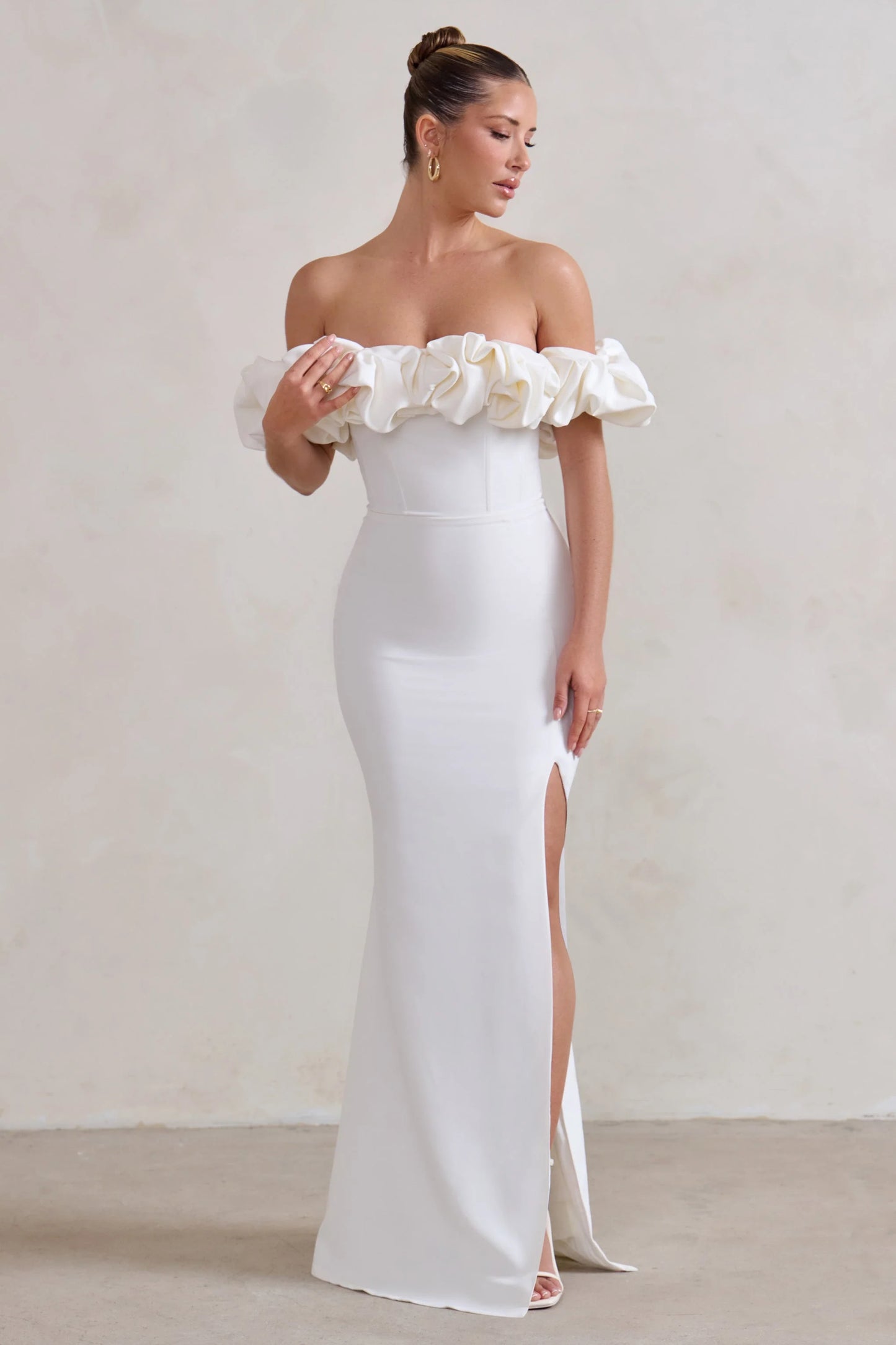 Esmeralda | White Structured Statement Bardot Maxi Dress