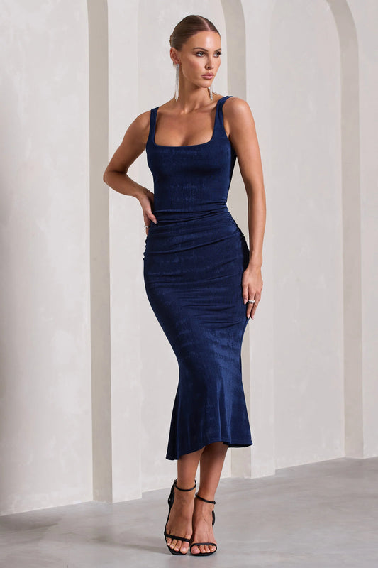 Evora | Navy Ruched Square-Neck  Midi Dress