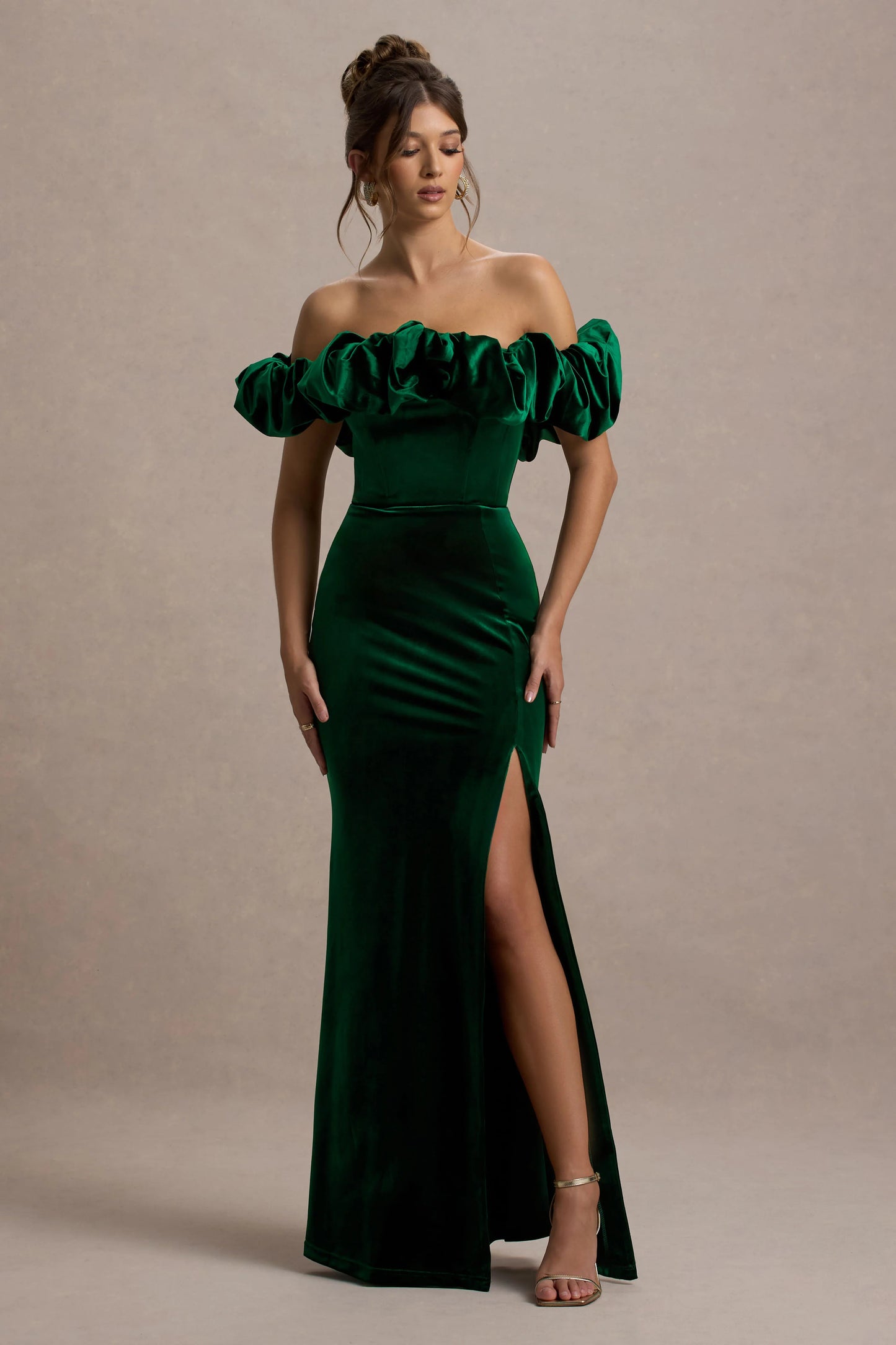 Esmeralda | Bottle Green Velvet Structured Ruffled Bardot Maxi Dress