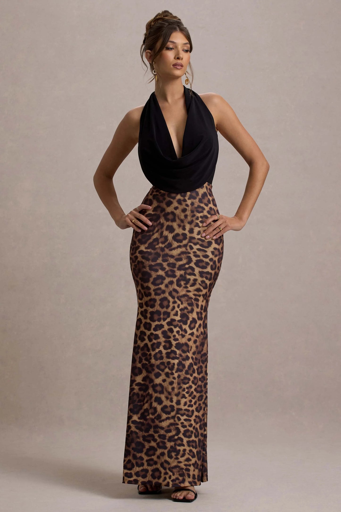 Krystal | Animal Print Deep Plunge-Neck Maxi Dress