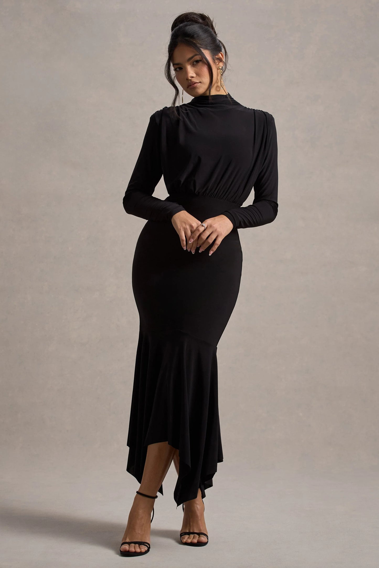 Carla | Black High-Neck Maxi Dress With Draped Hem