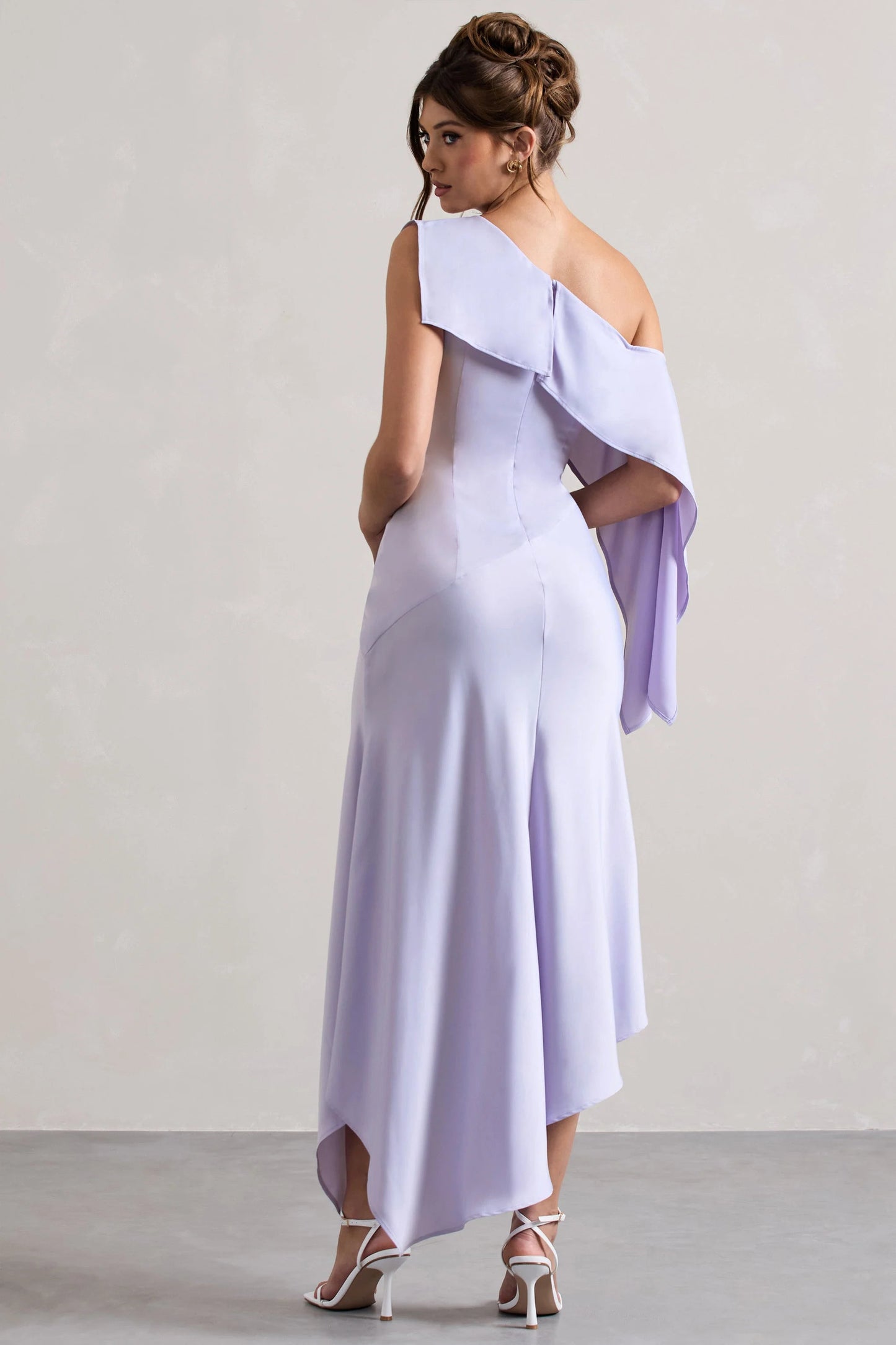 Freesia | Lilac Satin Asymmetric Draped Split Maxi Dress