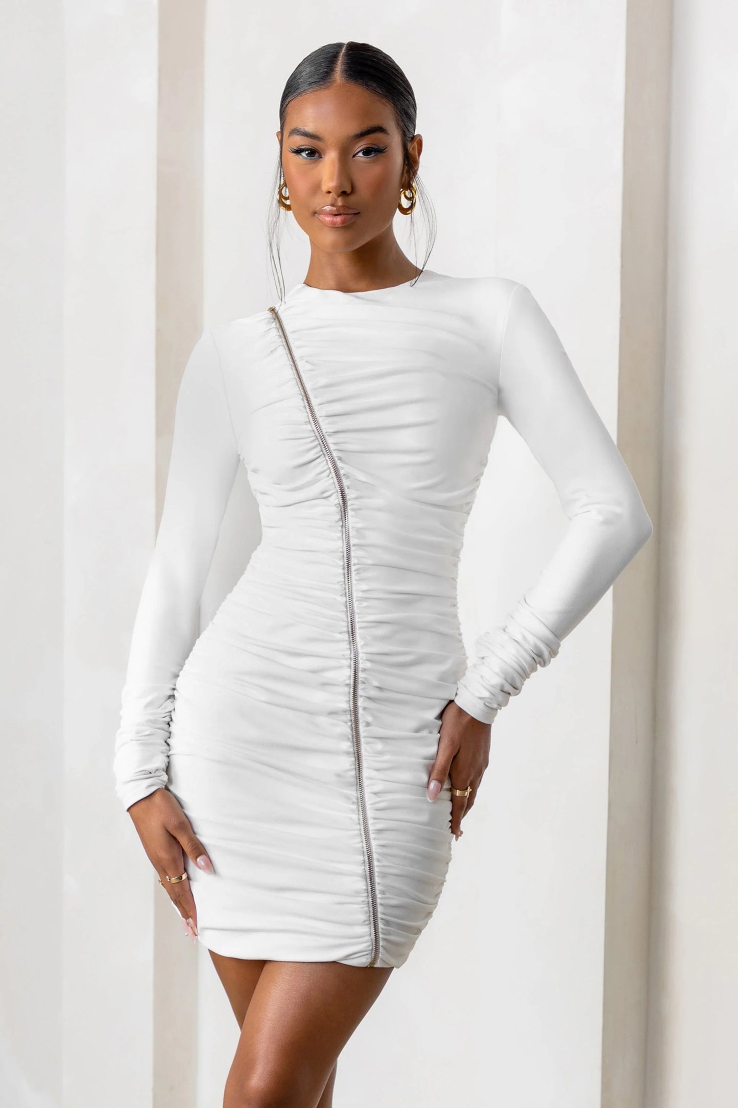 Empowered | White High Neck Long Sleeves Zip Detail Mini Dress