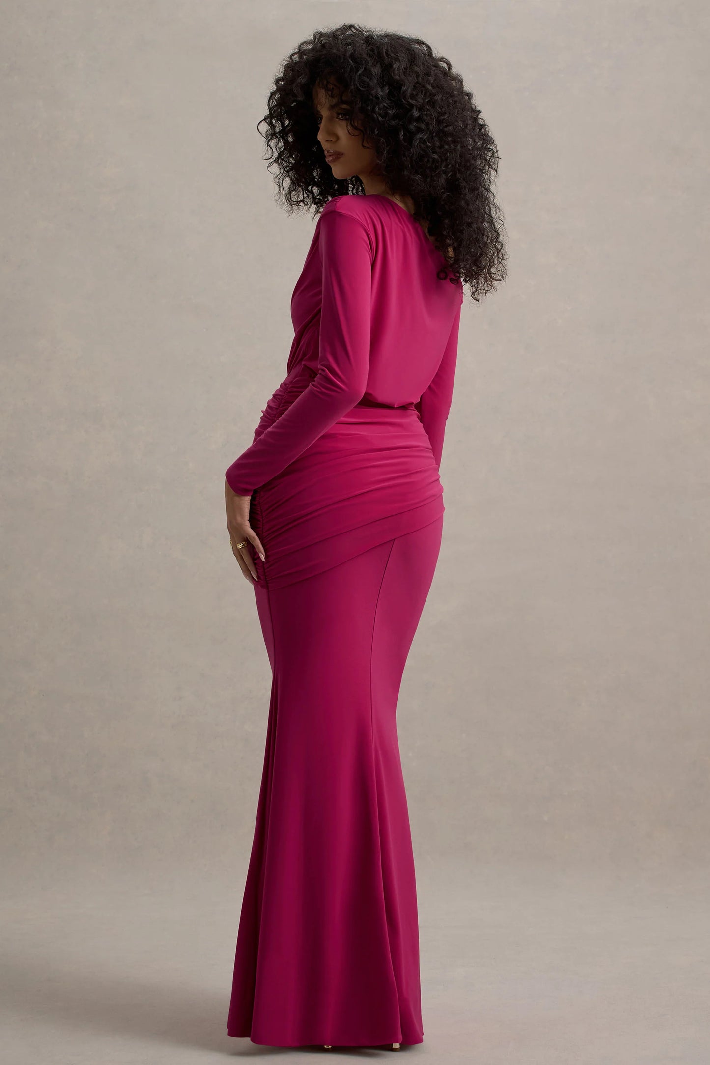 Deanna | Hot Pink Asymmetric Long-Sleeve Ruched Maxi Dress