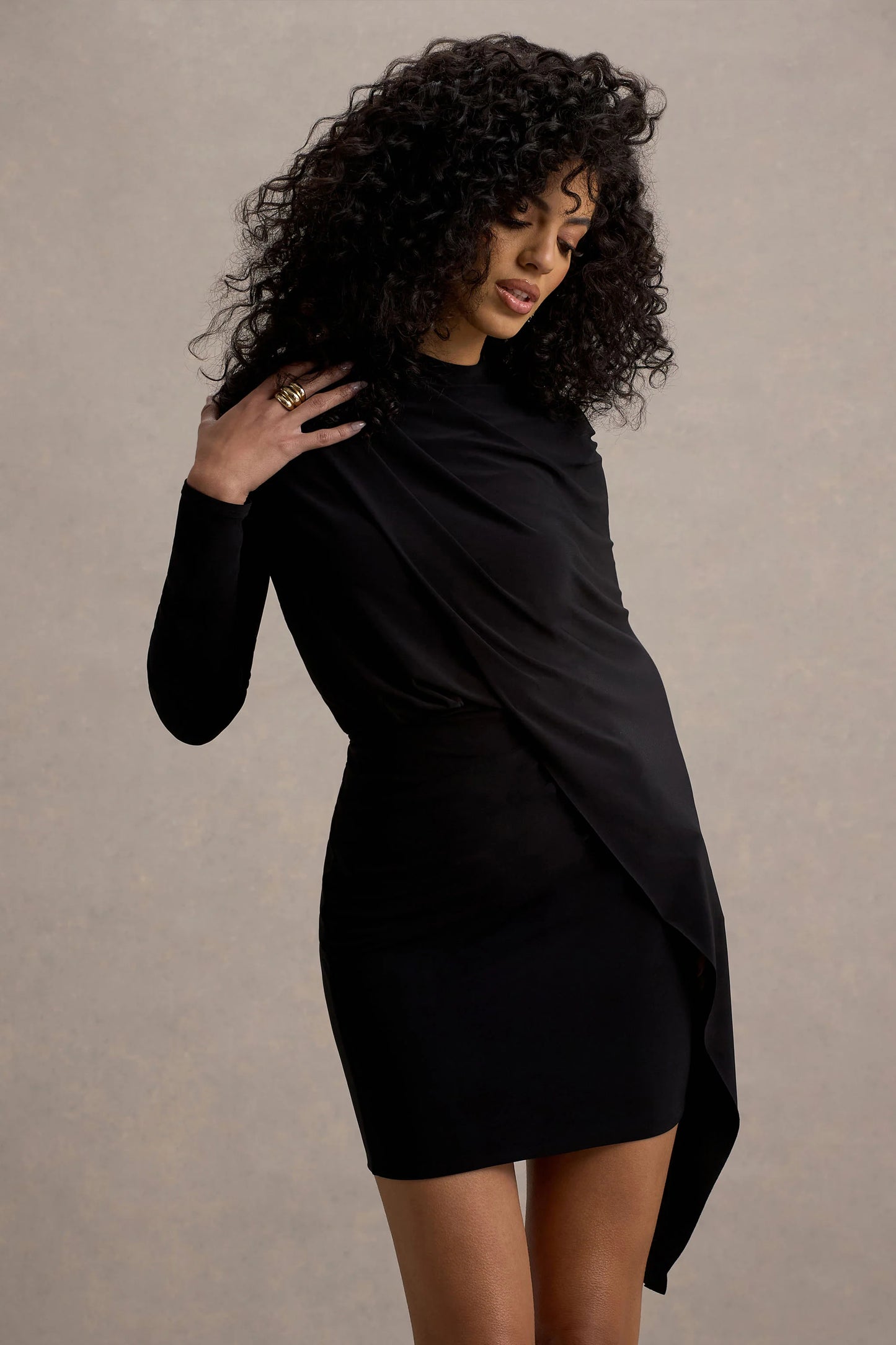 Celeste | Black Long-Sleeve Mini Dress With Cape Sleeve