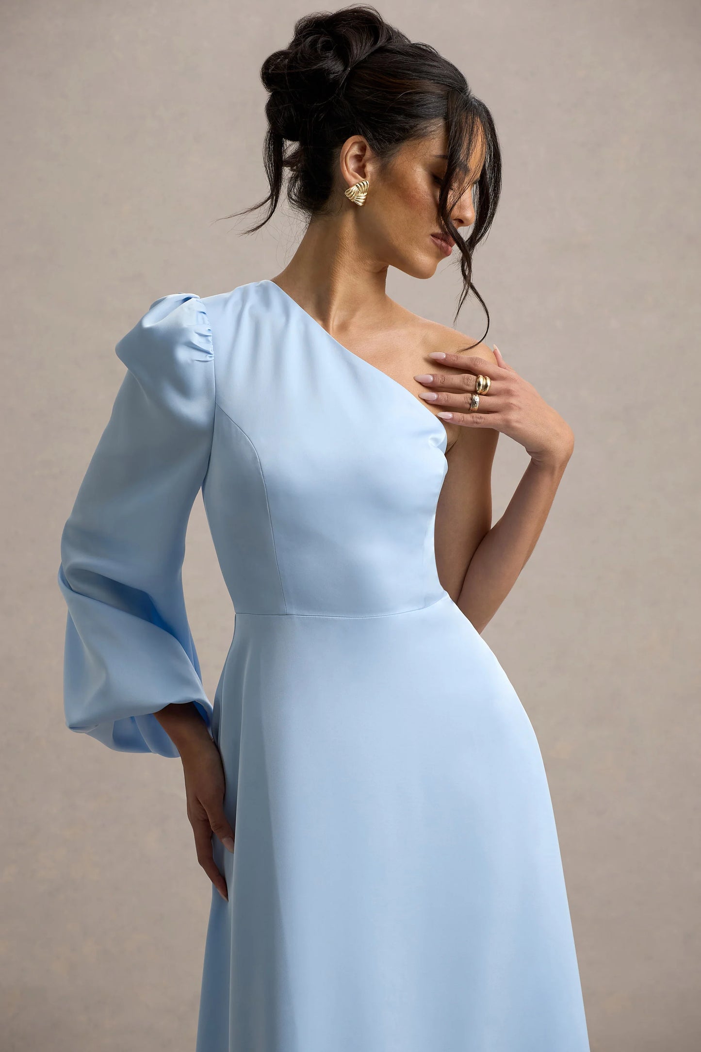 Haila | Powder Blue Satin One-Shoulder Maxi Dress