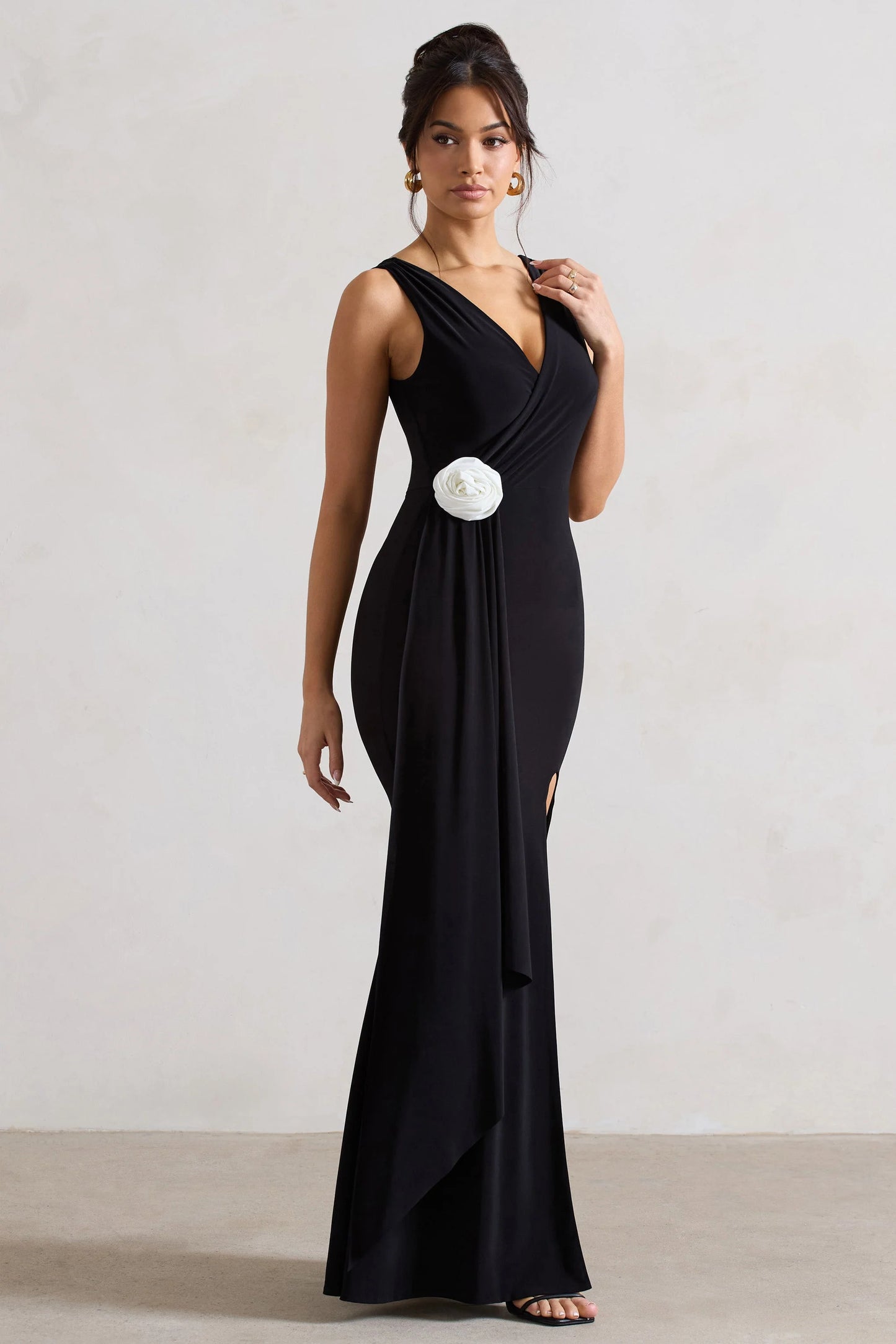 Endora | Black Split Maxi Dress With Corsage & Drape