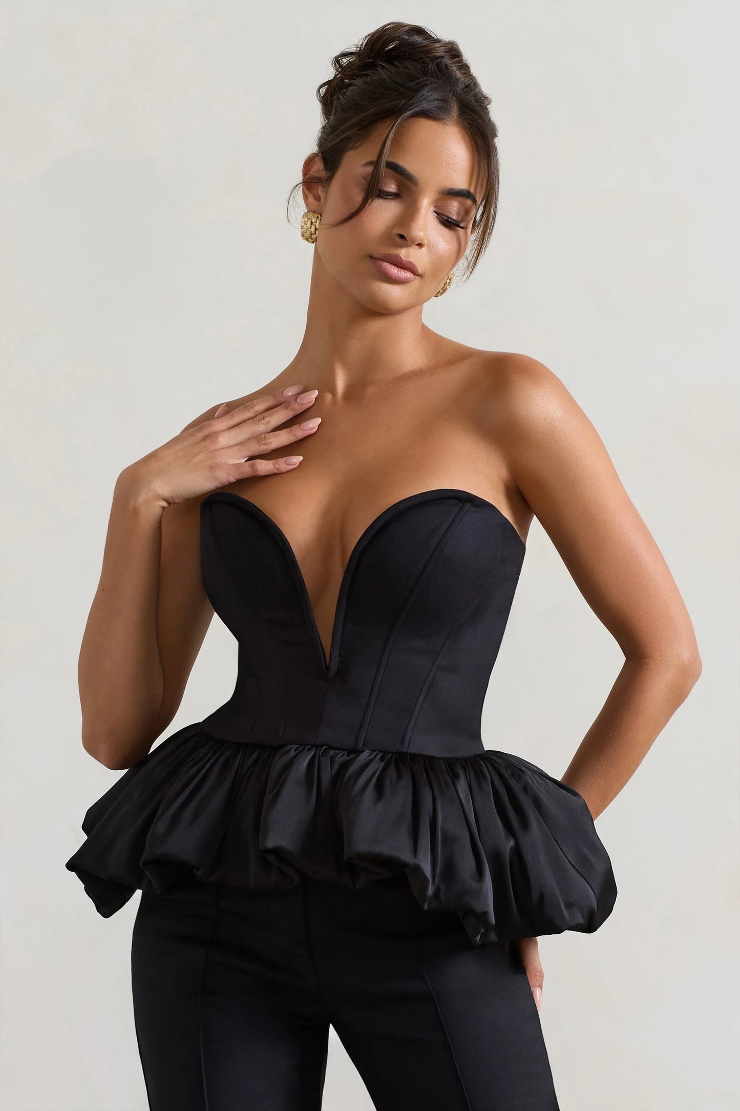 Huntley | Black Sweetheart Corset Top With Satin Puff Hem