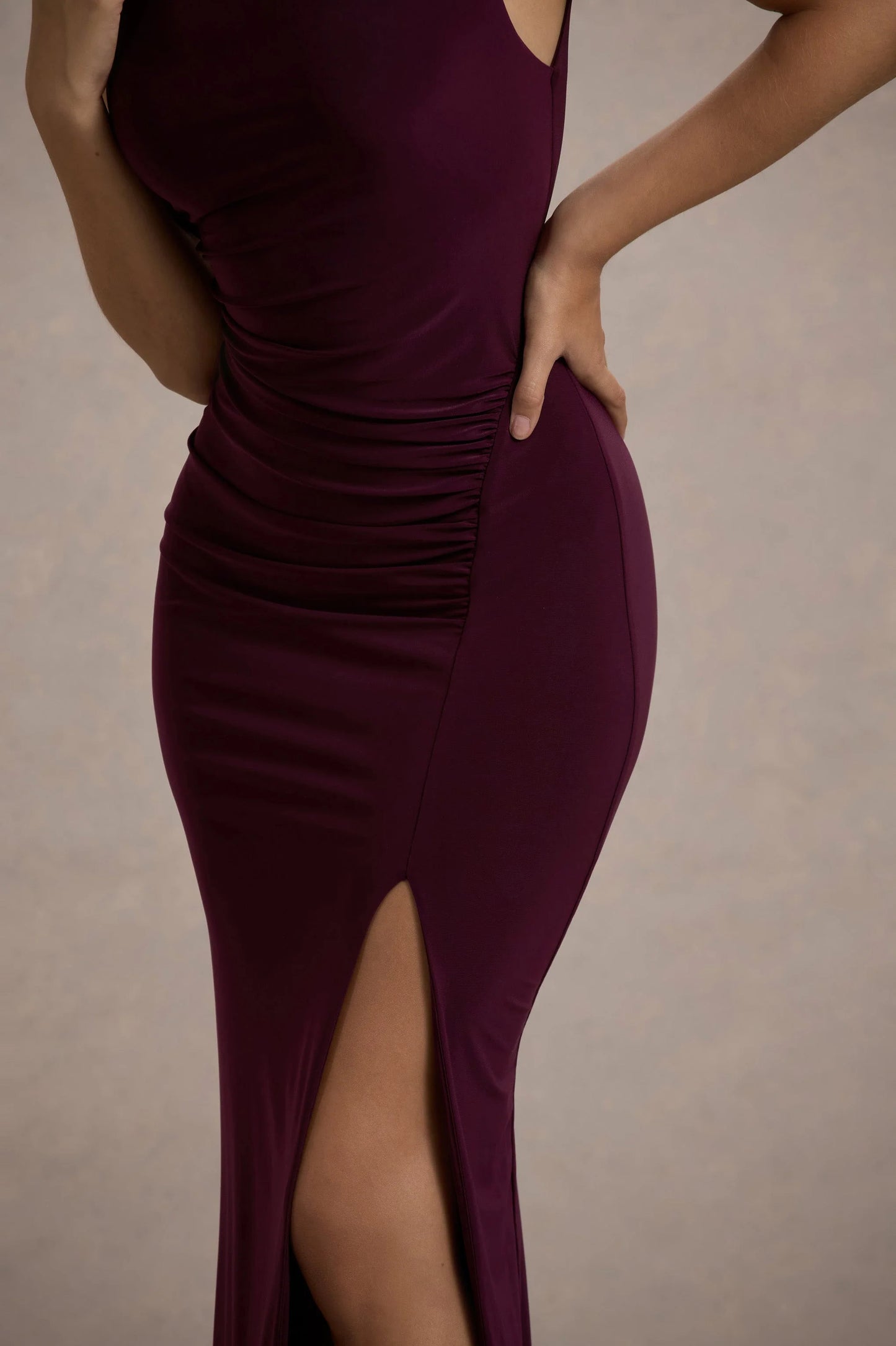 Lanetta | Plum Ruched High-Neck Maxi Dress With Split